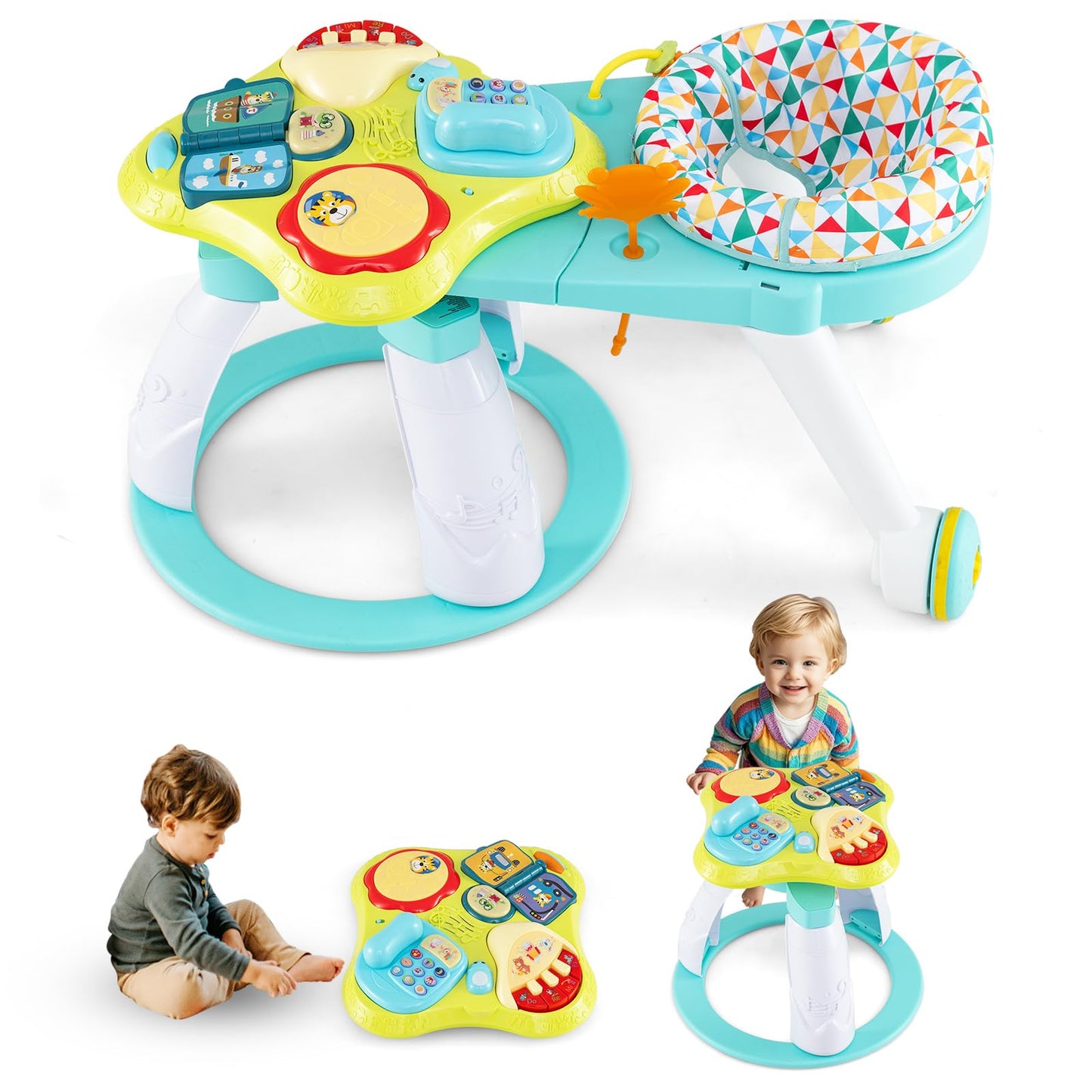 INFANS 3 in 1 Walk Around Baby Activity Center, Baby Walker with Play Table, Wheels, Detachable Seat Cushion, 3 Adjustable Heights, Learning Toys for Boys Girls Aged 6-36 Months (Green)