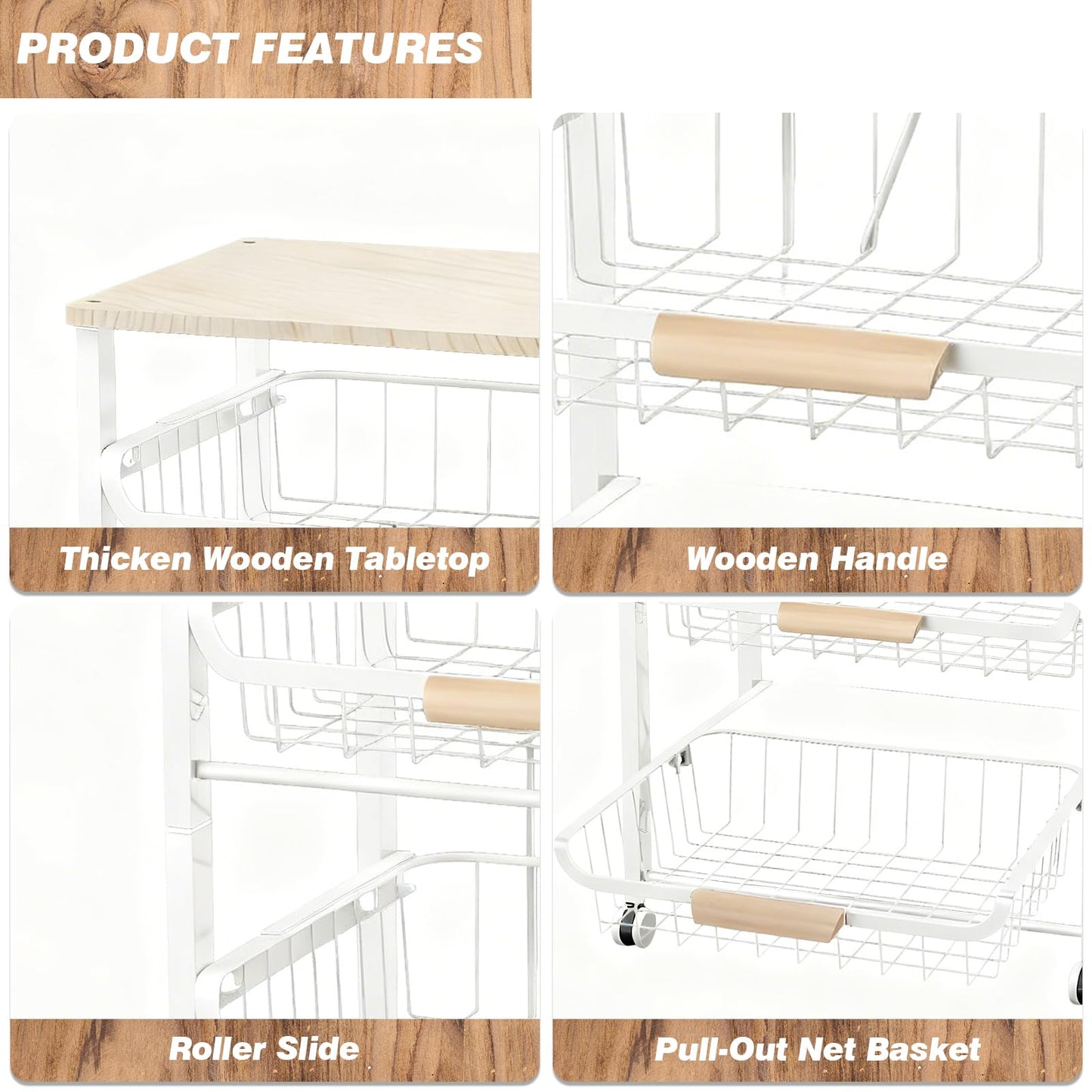 ULIKEUS 5-Tier Rolling Pantry Floor Storage Cart with Wheels&Wood Top, Large Capacity Kitchen Organization Fruit Wire Basket Stand for Pantry, Bathroom, Living Room,White