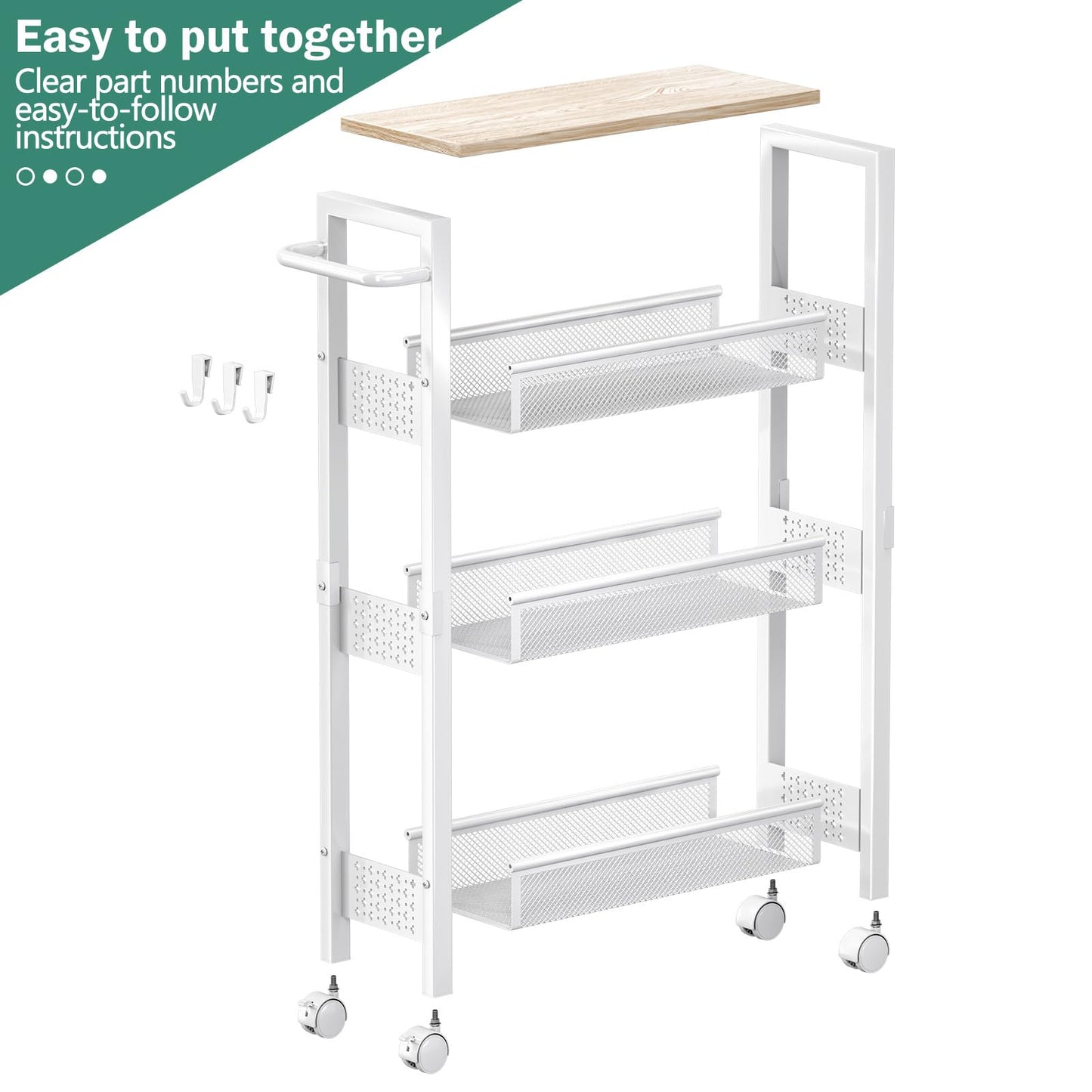 Vivihomety Utility Slim Storage Cart, 4 Tier Small Rolling Kitchen Laundry Room Cart with Wood Top, Metal Bathroom Storage Cabinet Mobile Shelf Unit Organizer Trolley with Handle for Narrow Space