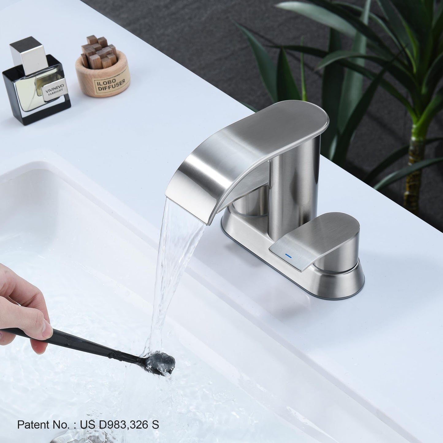 Ultimate Unicorn Waterfall Bathroom Sink Faucet Brushed Nickel, Two Handles Bathroom Faucet with Metal Pop up Sink Drain Stopper, Two Or 3 Holes Bathroom Basin Mixer Tap with Deck Mount Plate