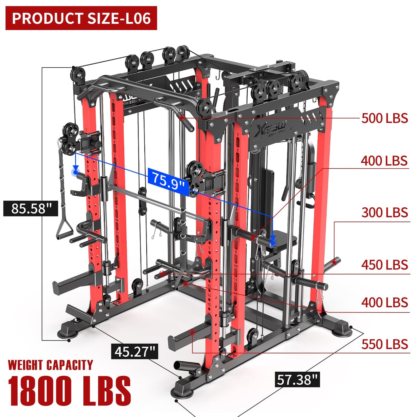 XGSW XINGESIWR Multi-Purpose Squat Rack,Smith Machine Weight Rack Set with Cable Crossover System, Home Gym Power Racks, Power Racks and Packages (L06 Two Users, Power cage Red+Bench)