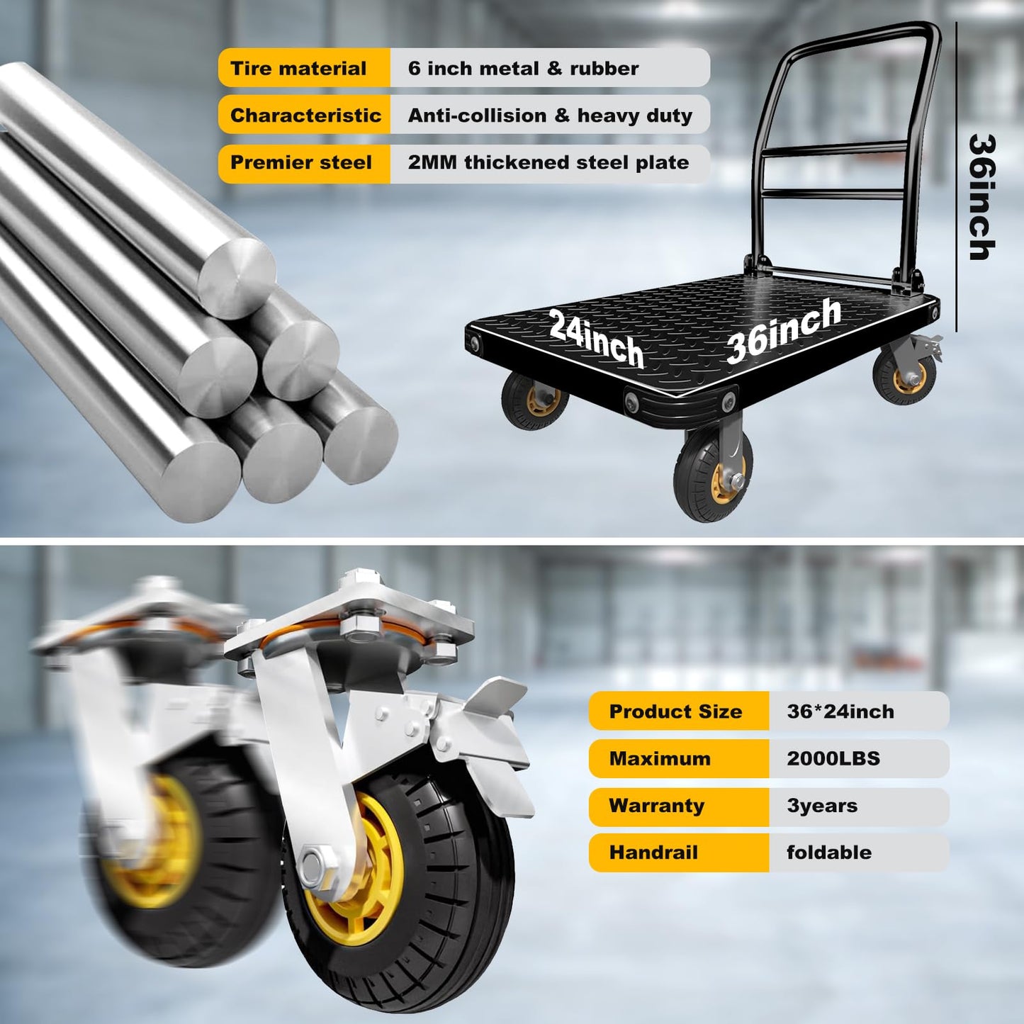 Heavy Duty Platform Truck Flat Cart Hand Trucks,1500 to 2000Lbs Steel Push Cart Dolly with Brake Design, 36 x 24in or 27x19in Large Flatbed Black Trolley (BL, 36X24 Large)