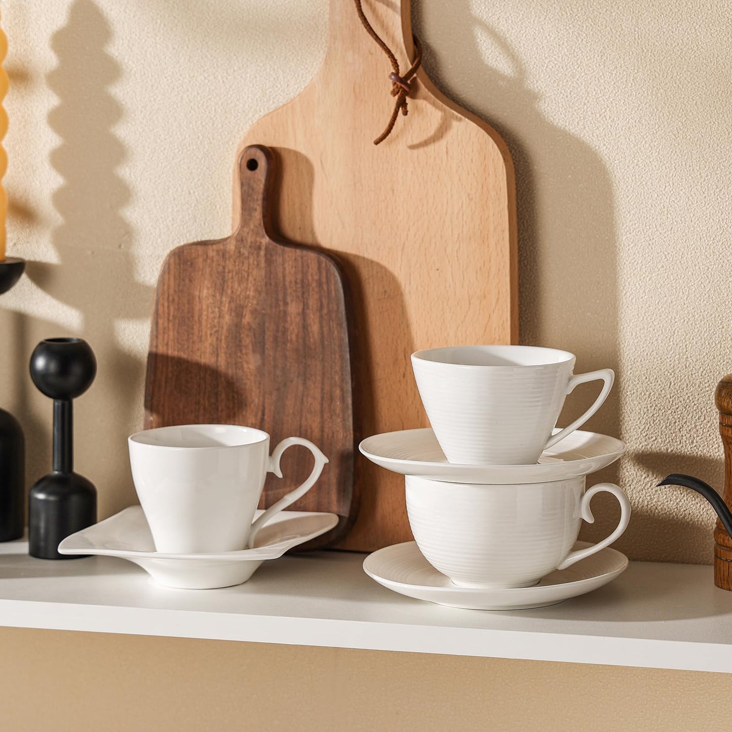 Feenmai 12 oz Cappuccino Cups with Saucers, Ceramic Espresso Coffee Cups Set of 4, White Latte Cup and Saucer, Elegant Tea Mugs Set, Microwave Dishwasher Safe Drinkware for Cafe, Housewarming Gift
