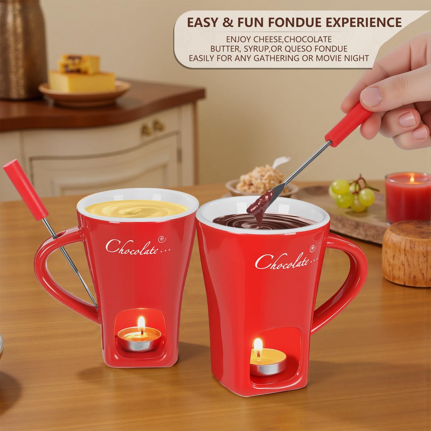 Fondue Pot Cup Set, Chocolate Melting Fondue Mugs 2 Pack with 4 Forks & 8 Tealights, Mini Red Ceramic Fondue Set for Cheese, Marshmallows, Sweet Fondue Cup for Date Night Party Wedding or Holiday Gift