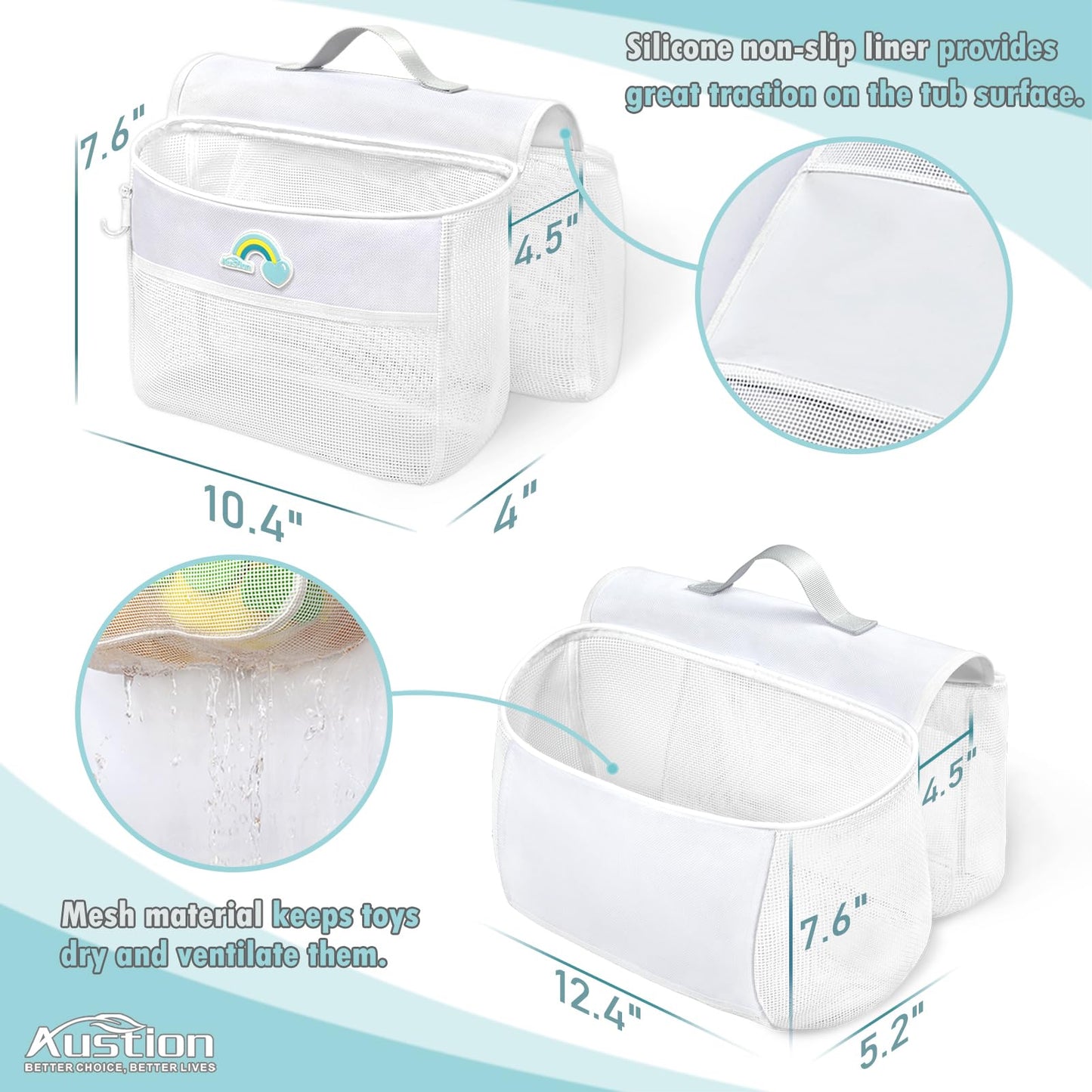 Saddle shape 2 Compartments Bath Toy Organizer, Easy Access for Children, Wide Opening Bath Toy Holder for Drying Toys and Storage, Mesh Shower Toy Holder and Bath Tub Toy Storage Organizer for Tub.