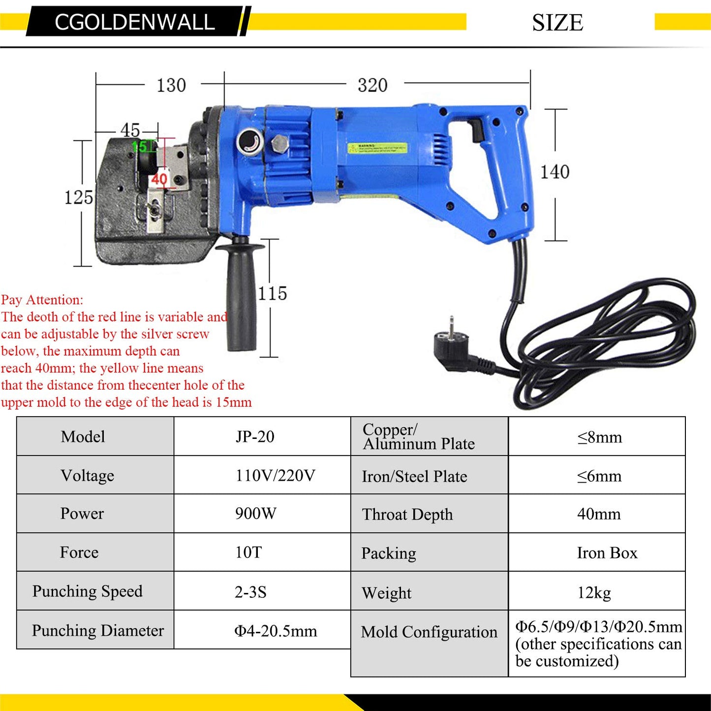 CGOLDENWALL 1300W Hydraulic Hole Punch Electric Hydraulic Hole Punching Tool Hole Digger for Steel Plate Iron Plate Aluminum Plate CE&ROHS Certificate with Pedal 110V