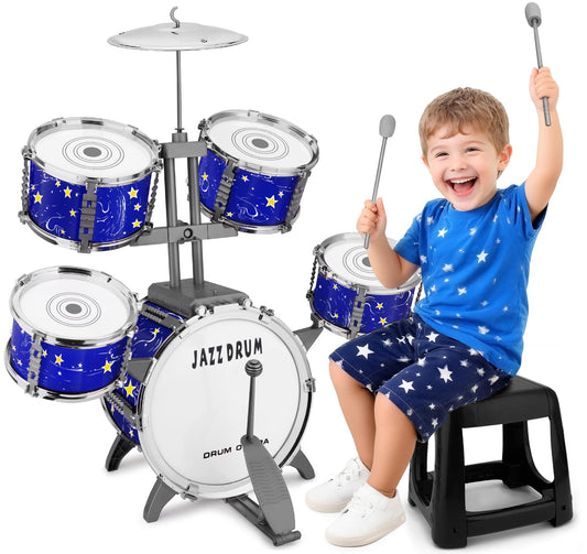 Upgraded Kids Drum Set for Toddlers Plastic Musical Jazz Drum Instruments Kit Birthday Musical Learning Toys for 4 5 6 Boys Girls, Starlight Blue