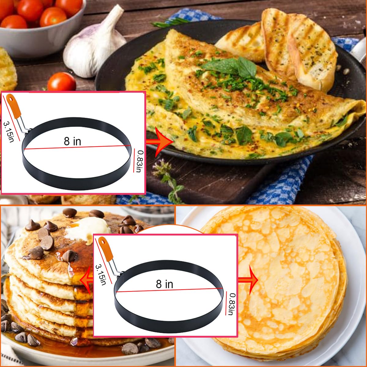 2 Packs 8" Large Omelette Ring for Griddle,8 Inch Stainless Steel Non-stick Omelet Ring, Round Pancake Rings Griddle Omelet Rings with Silicone Handle Grill Oil Brush & Egg Separator
