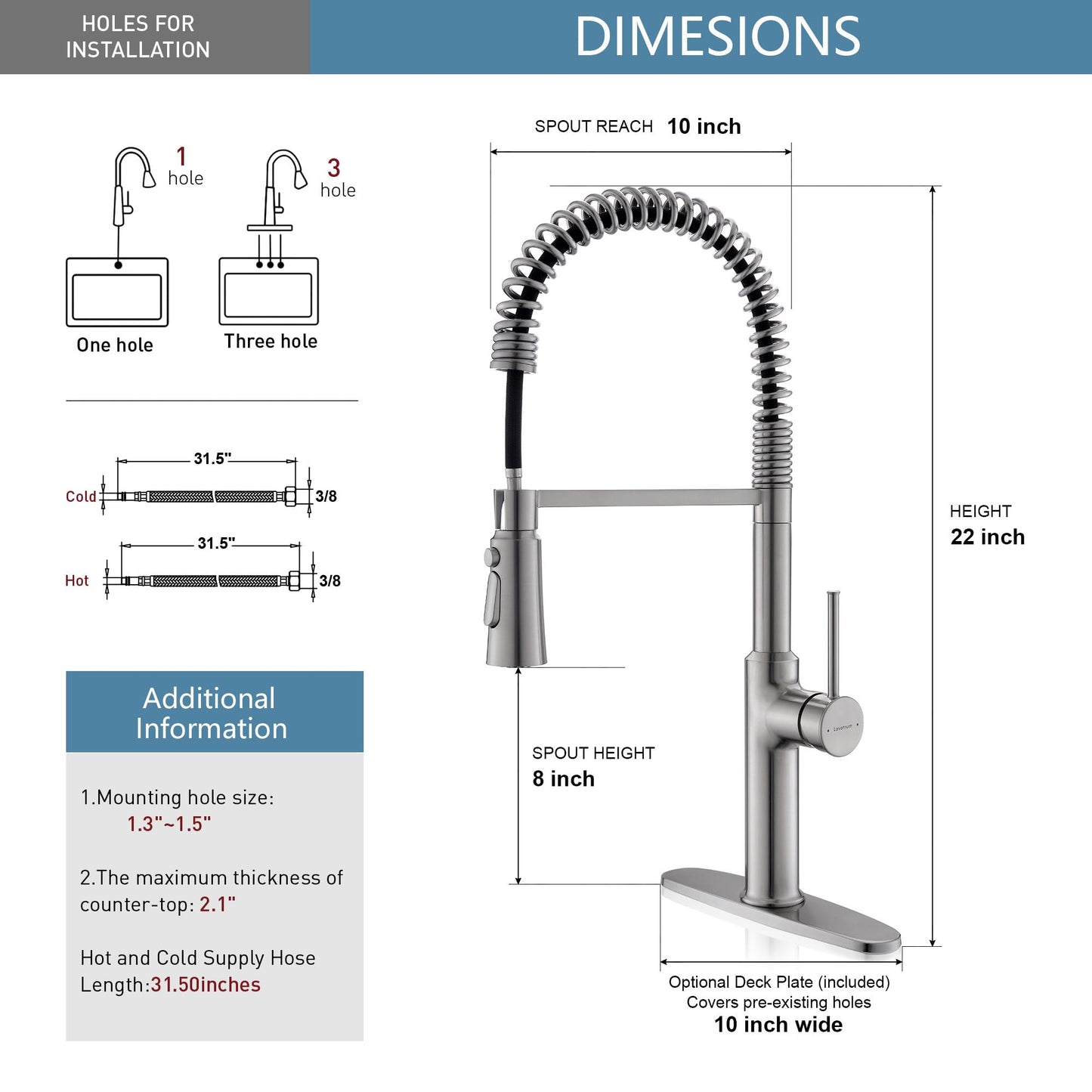 Lavatrum Brushed Nickel Kitchen Faucets, Brass 22 inch Commercial High Arc Single Handle Kitchen Faucets for Pull Down Sprayer Modern Spring with Deck Plate