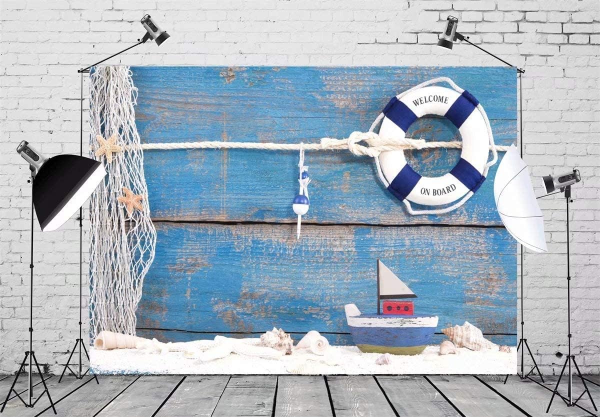 BELECO 8x6ft Fabric Nautical Backdrop Life Buoy and Toy Boat Shells on Blue Wooden Background Phtography Backdrop