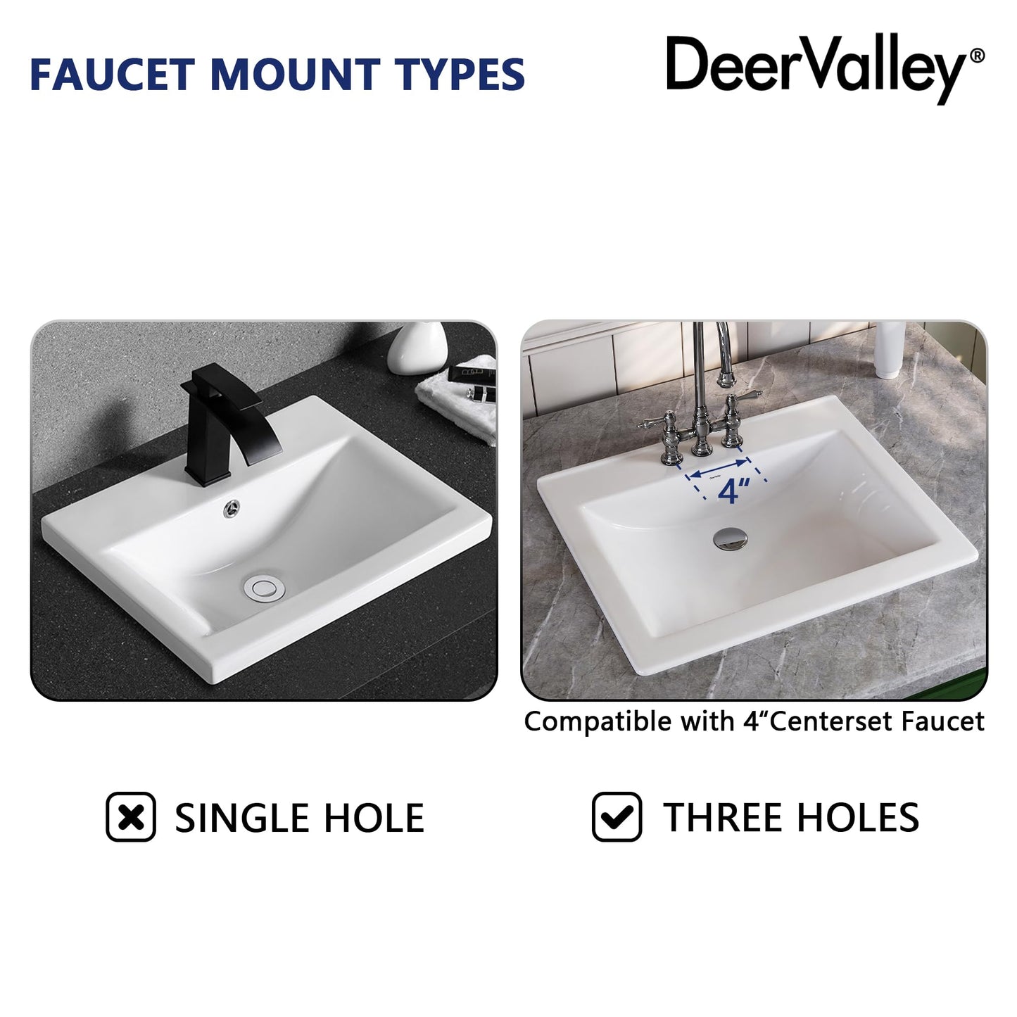 DeerValley 21x18 Inch Rectangular Ceramic Drop-in Bathroom Sink, Under Counter Vessel Sink with Overflow, White Vanity Basin