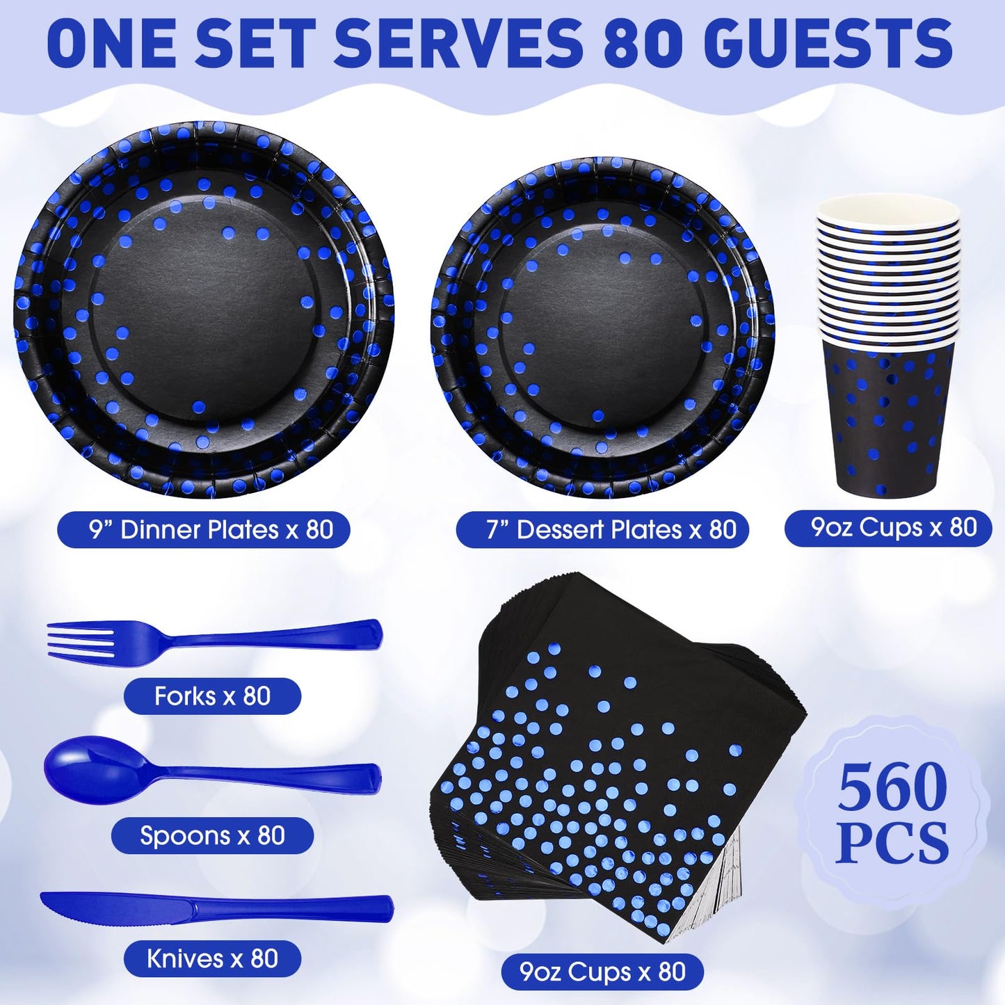 Sieral 560 Pcs Blue and Black Paper Plates Party Tableware Set Serve 80 Includes Disposable Paper Cups Forks Knives Spoons and Napkins Party Decor Supplies for Birthday Graduation Wedding and Holiday