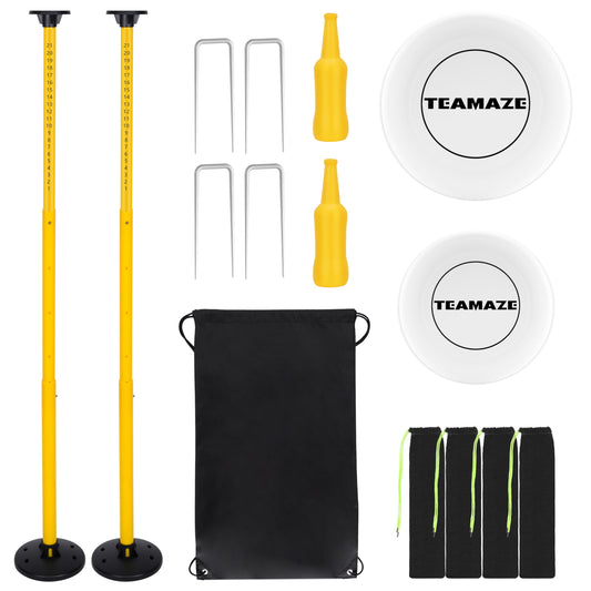 Teamaze Flying Disc Game Set with Height-Adjustable Poles & Score Tracker, Outdoor Bottle Toss Game for Beach, Lawn, Camping, Polish Horseshoes Set for Family & Friends Party Games