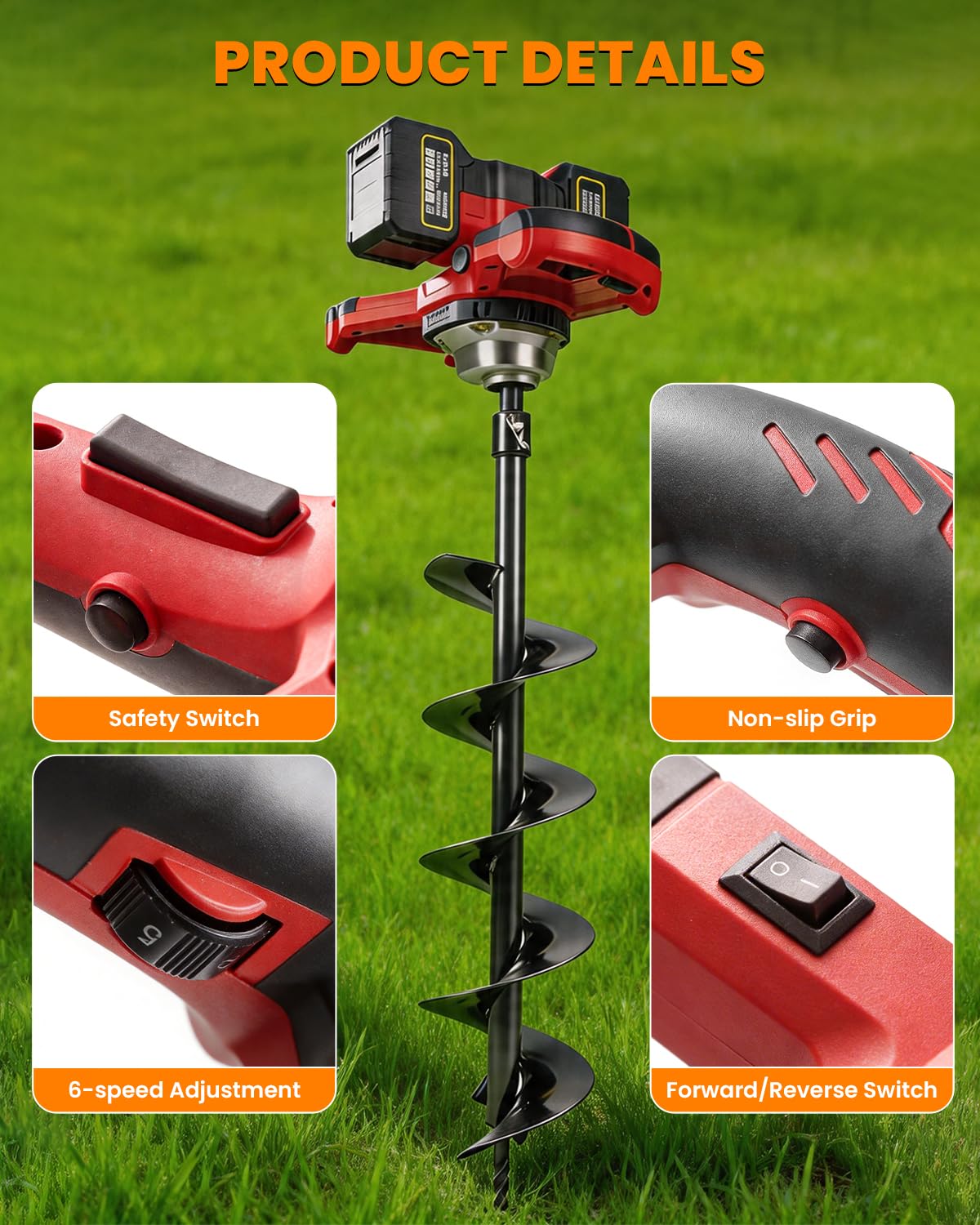 Cordless Post Hole Digger with 2x4.5Ah Batteries & Dual Chargers, 1200W 42V Brushless Earth Auger for Fence Post with 6" Drill Bit, 85Nm High Torque Electric Hole Digger for Hard Soil