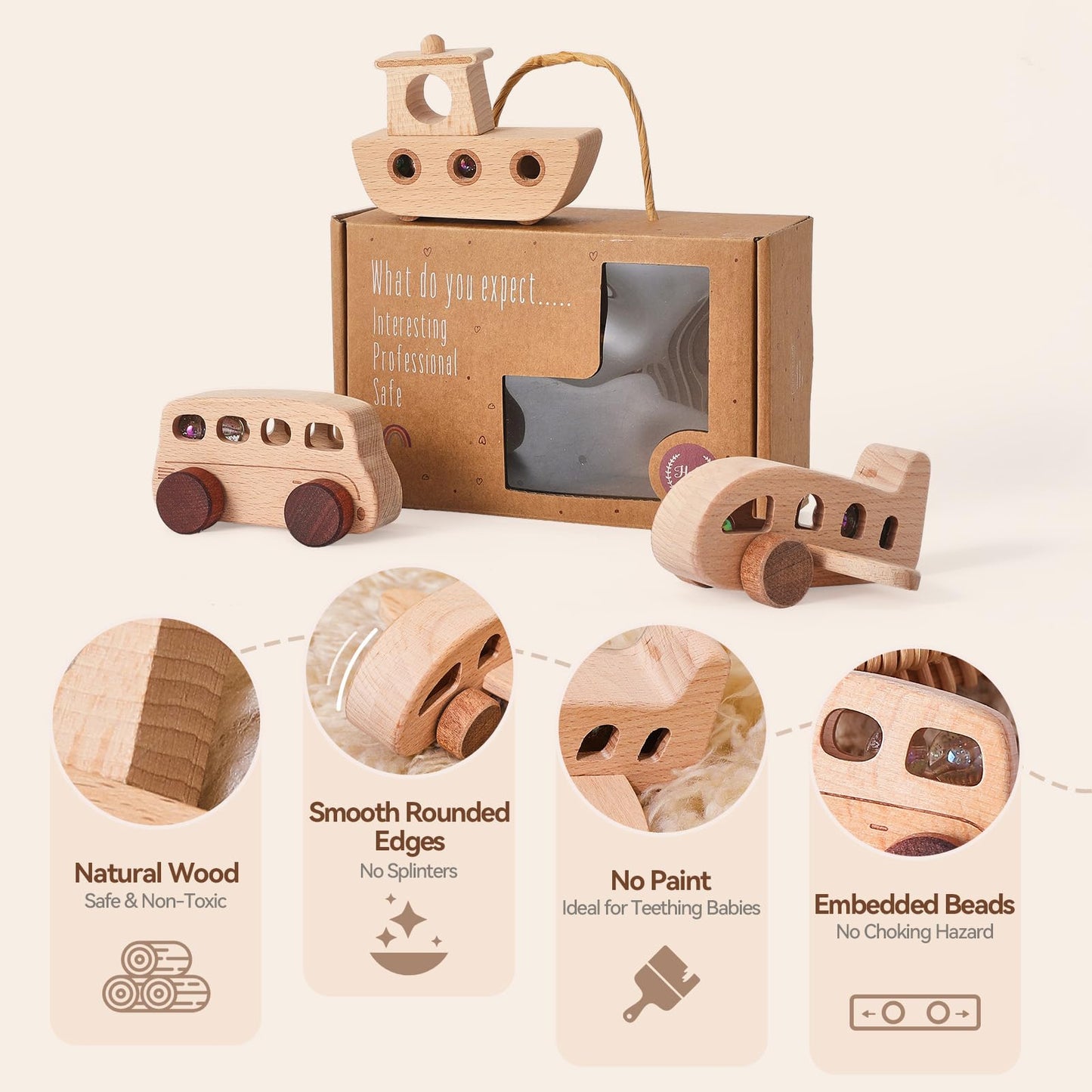 Wooden Cars for Toddlers 1-3, Wooden Vehicles Baby Cars Set with Bus, Airplane and Boat, Montessori Rattle Toys with Rolling Beads, Ideal for Boys and Girls
