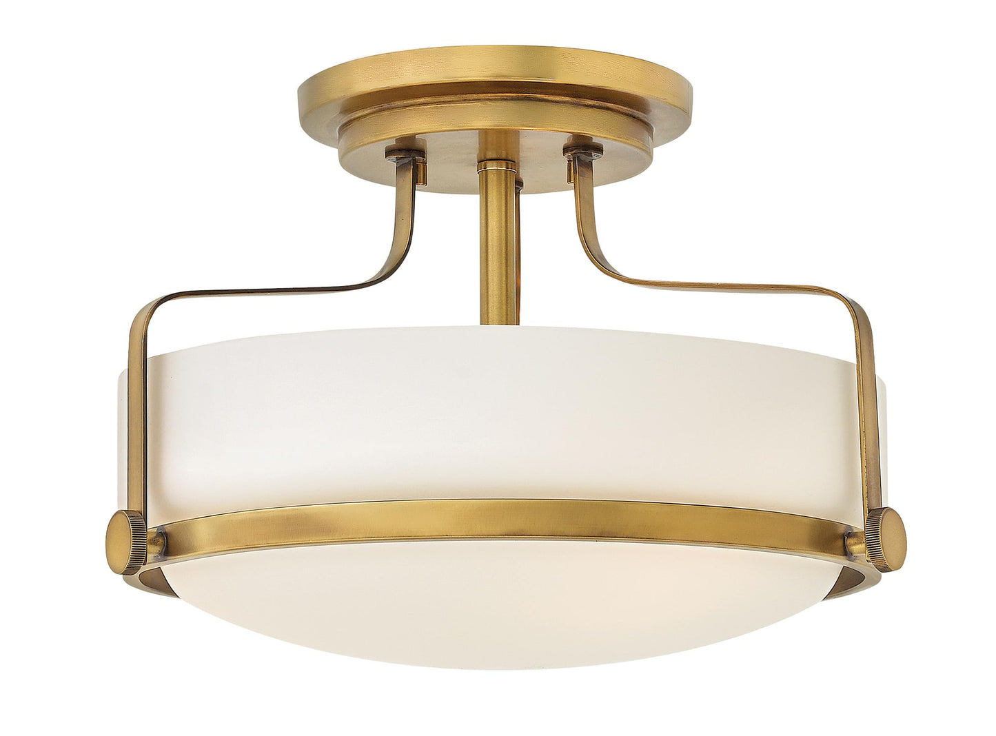 Hinkley Harper Medium Semi-Flush Mount Ceiling Light for Kitchen, Bedroom, Bathroom, and Hallway, Sleek, Retro Style Heritage Brass and Etched Opal Glass