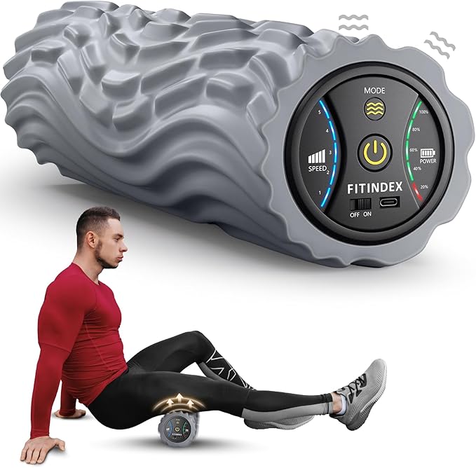 FITINDEX Vibrating Foam Roller for Back Pain, 5-Speed Muscle Massage, FSA HSA Eligible, Exercise, Muscles Deep Tissue, Physical Therapy, Pilates, Yoga, Neck, Leg, Rechargeable, Travel Portable Gray
