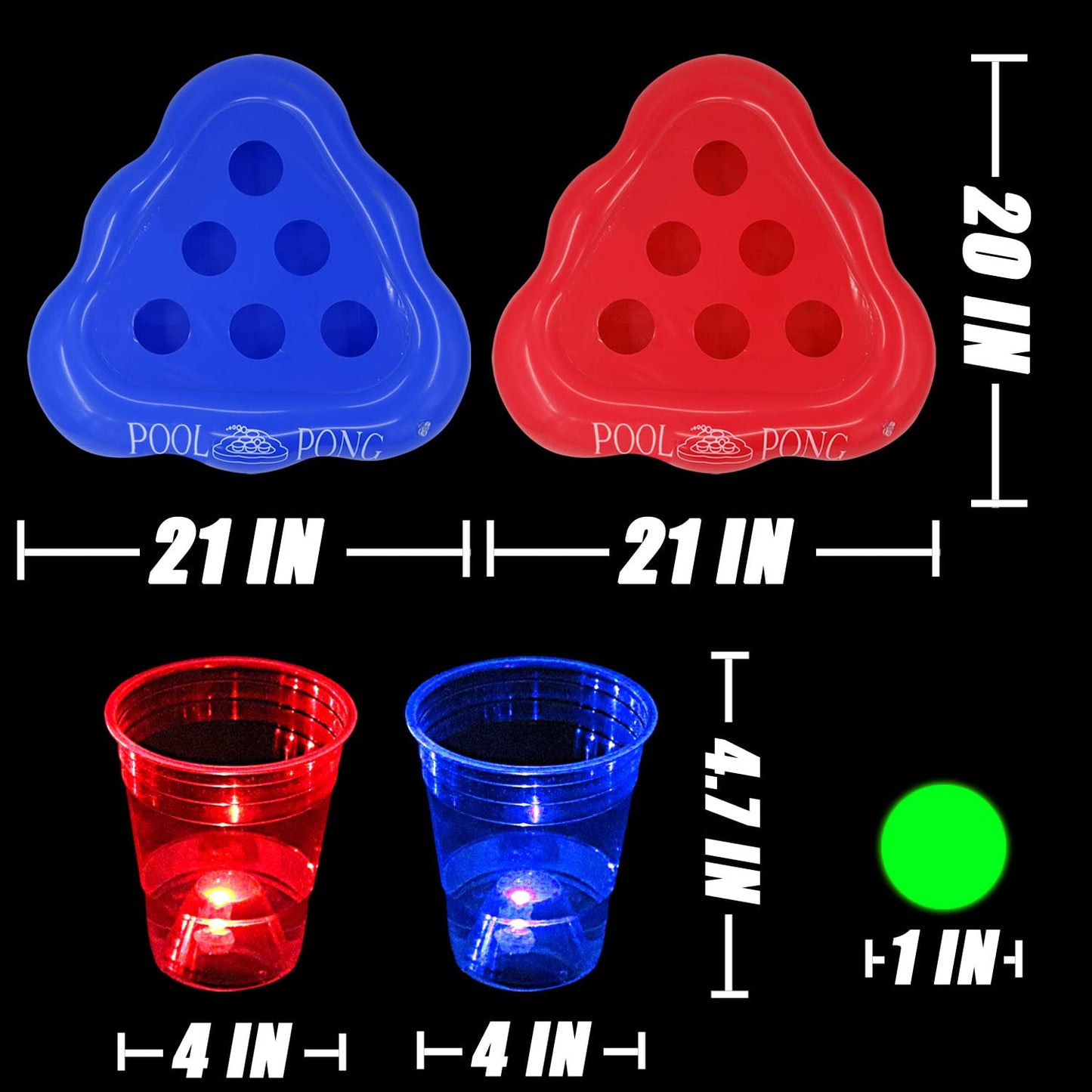 mishunyus 20 Pcs Glow Pool Pong Games,Light Up Floating Pool Games,Pool Party Games for Daytime/Nighttime,2 Inflatable Pong Rack(Red & Blue),12 Glow Cups, 6 Glowing Balls
