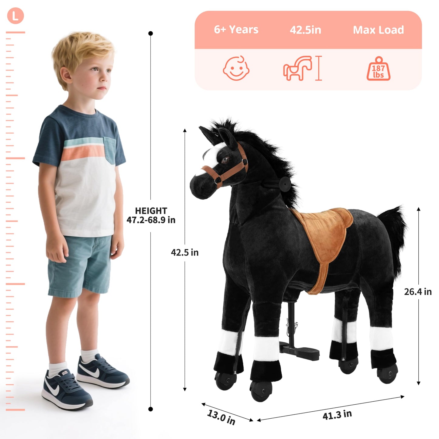 Pipleo Ride on Horse for Kids, (42.5'' Height) Horse Ride on Toy, Riding Horse Rider Mechanical Walking Action Plush Animal for 6 Years Old to Adult, No Battery or Electricity, Max Load 187 LBS - BK