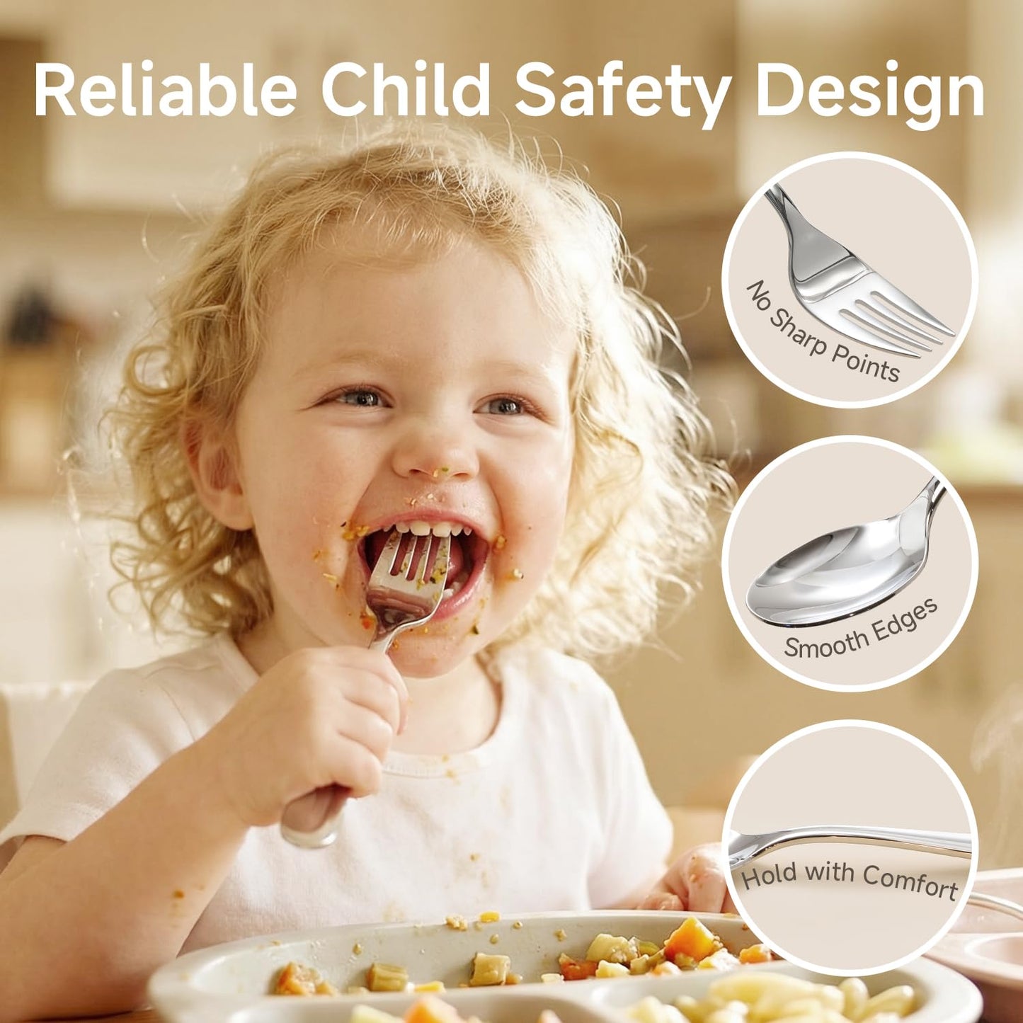 KINGSTONE Toddler Utensils Set, 4 Piece Forks and Spoons Gift Set, Small and Large Kids Silverware Sets, 18/10 Stainless Steel Food Grade Flatware Sets, Dishwasher Safe, Mirror Polished