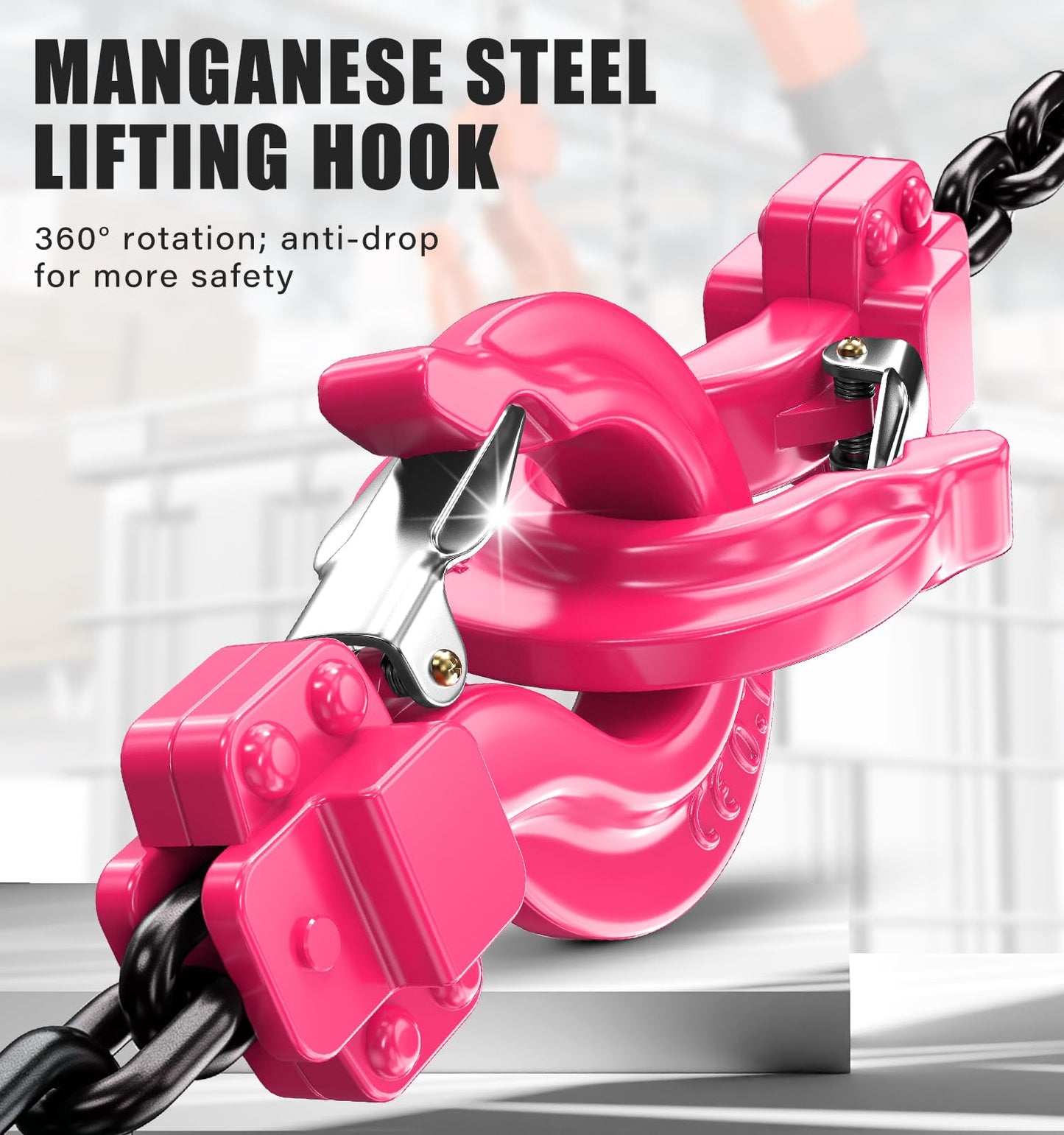 HUGOASIS 3/4 Ton 1650lbs Lever Chain Hoist Capacity 5ft,Chain Come Along with Dual Brake System, G80 Manganese Steel Chain, 2 Heavy Duty Hooks for Garages Warehouse Automotive Machinery – Pink