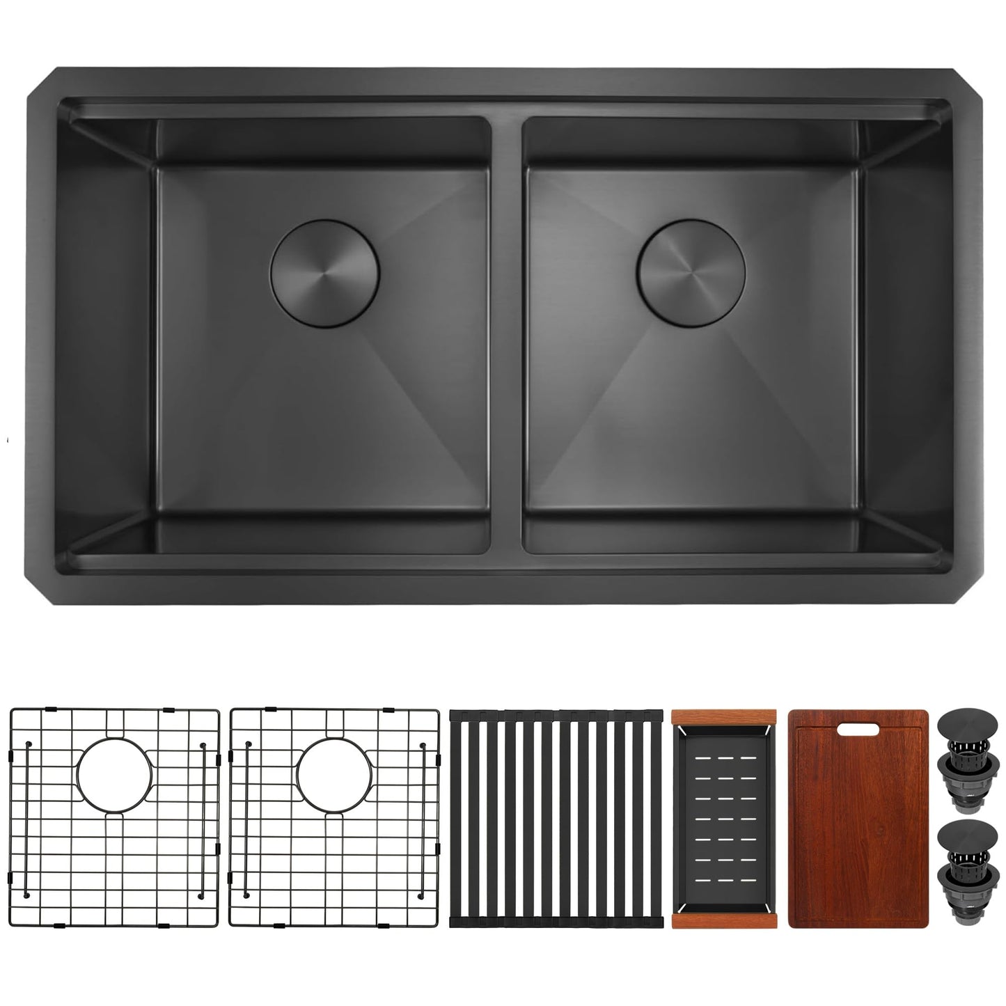 MILOSEN Black Double Bowl Kitchen Sink, 30x18 Inch T304 Stainless Steel Undermount Workstation Sink, 50/50 Double Bowl 10 Inch Deep Handmade Kitchen Sinks, Undermount Black Sinks with Accessories