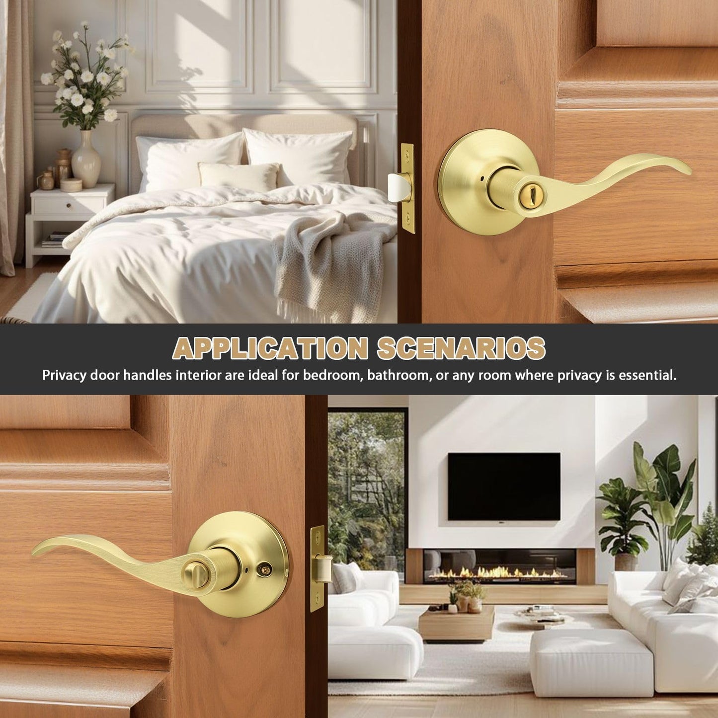 GOBEKOR Gold Door Handle Wave Privacy Door Lever Brushed Gold Door Handles Interior with Lock for Bedroom Bathroom Reversilble for Left/Right-Handed Doors, Satin Brass(10 Pack)