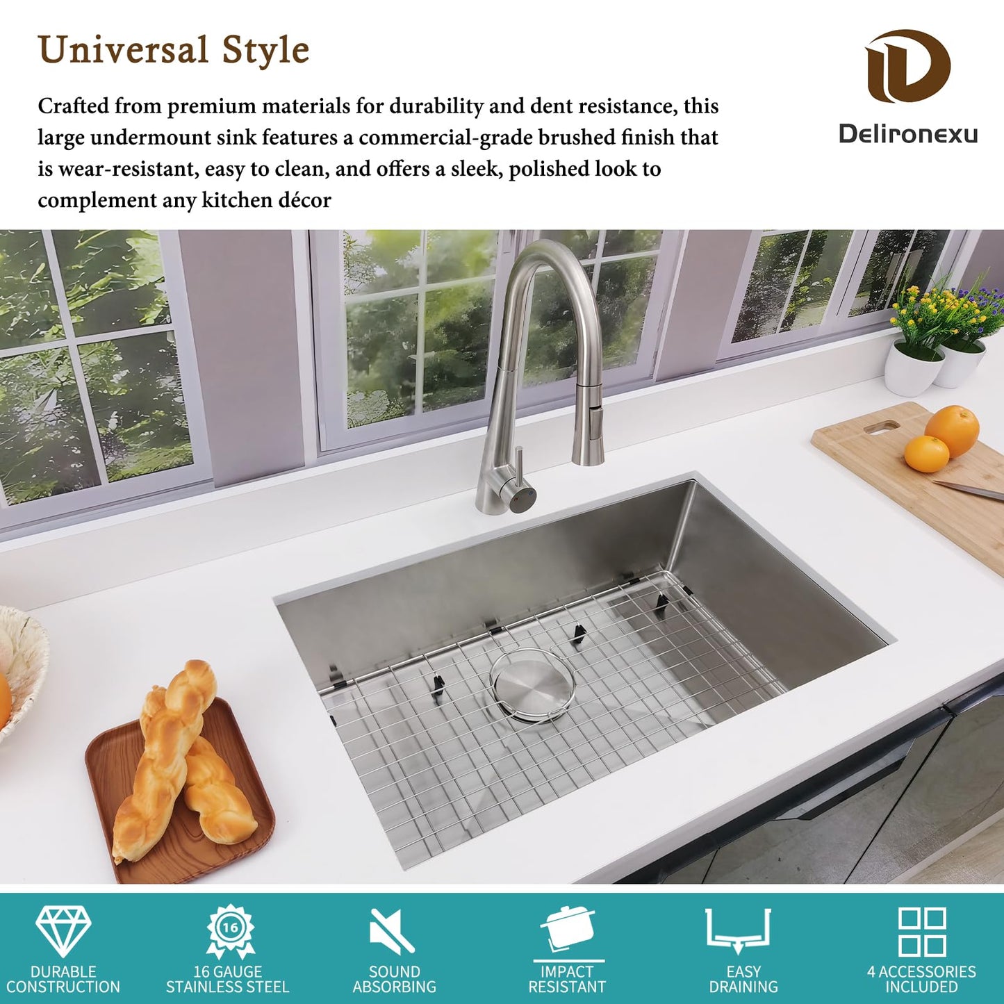 30 Inch Undermount Kitchen Sink - Delironexu 16G Stainless Steel Undermount Sink, 30''x18'' Deep Single Bowl Kitchen Sinks with 4 Accessories