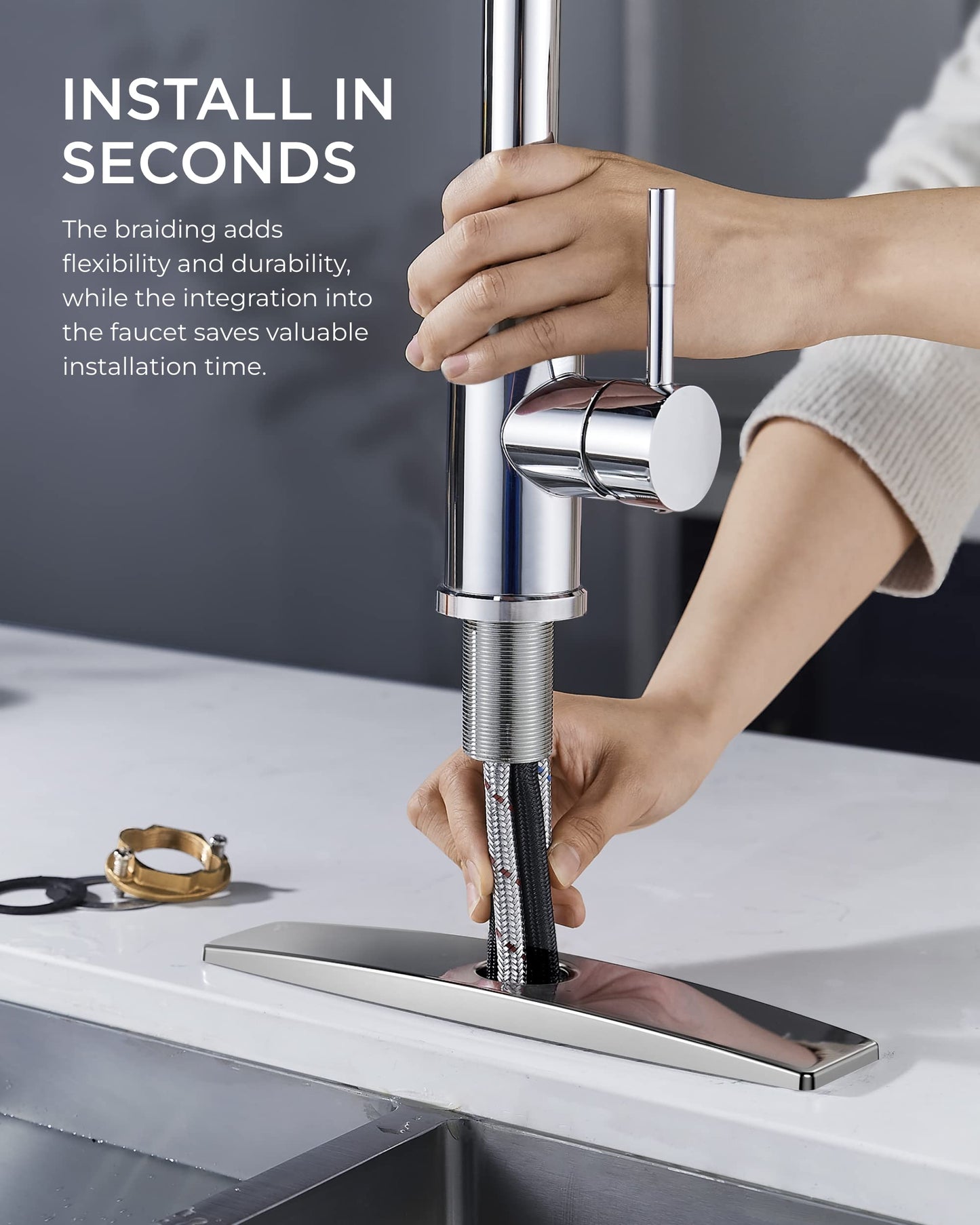 FORIOUS Kitchen Faucets with Pull Down Sprayer, Chrome Stainless Steel Single Handle Classic Pull Out Sink Faucet for Farmhouse Laundry RV Bar, with Deck Plate for 1 or 3 Holes