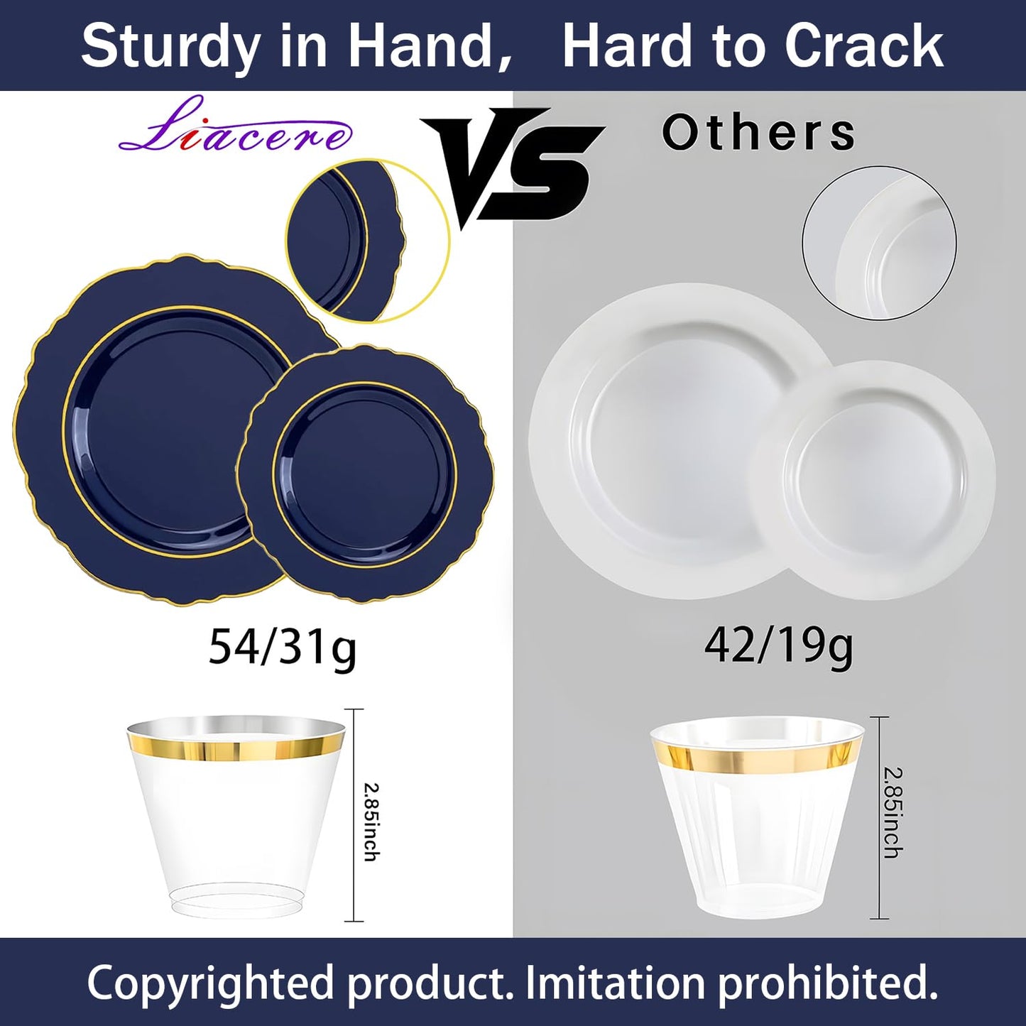 Liacere 350PCS Navy Blue Plastic Plates-Disposable Blue Gold Plates 50guest Plastic Dinnerware include 100Plates,50Pack Pre Rolled Napkins with Silverware 50Cups for Graduation & Memorial Day