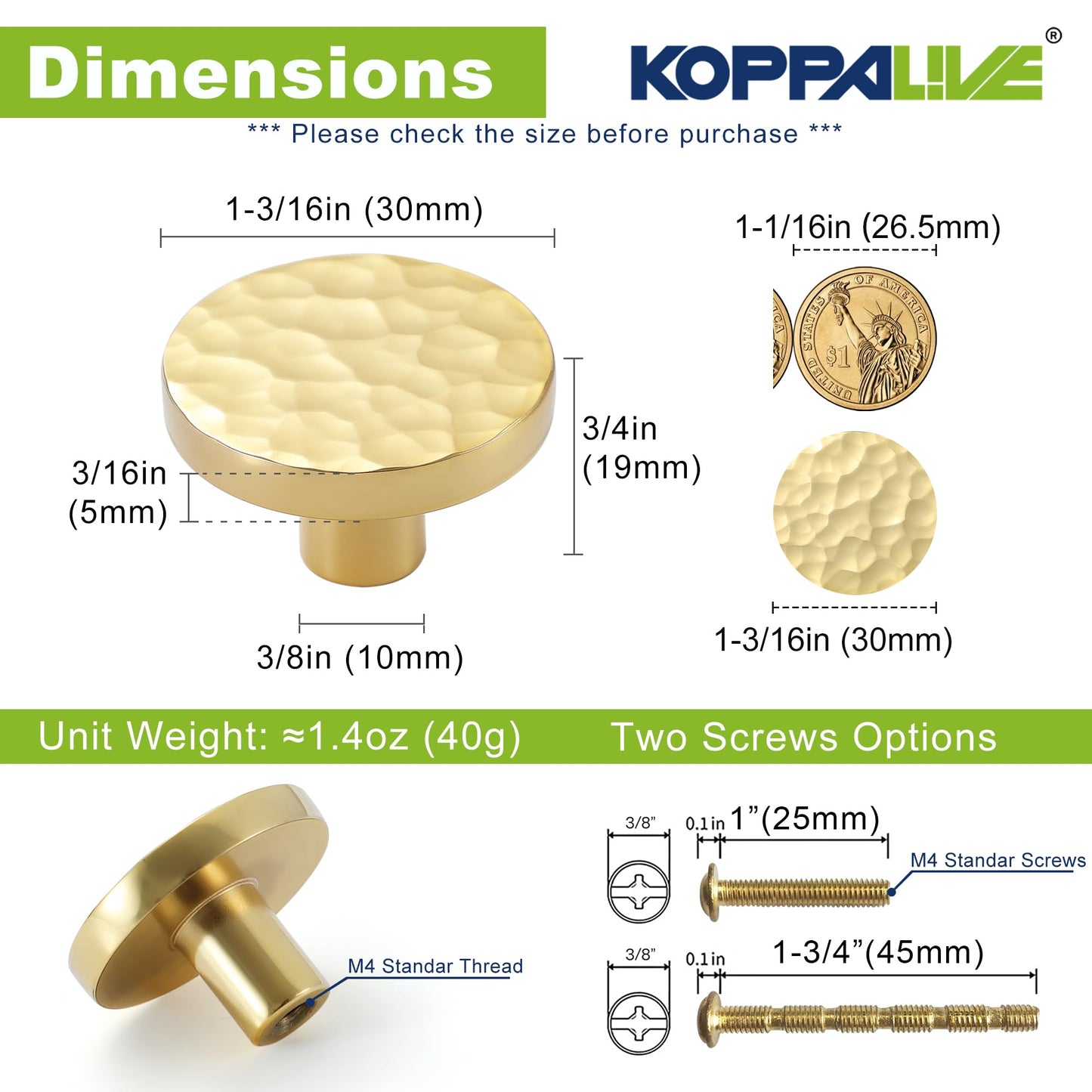 KOPPALIVE 5-Pack Modern Gold Cabinet Knobs, Hammered Solid Brass Drawer Knobs, Round Dresser Drawer Pulls and Handles, Kitchen Cabinet Hardware, Diameter 1-3/16 Inch