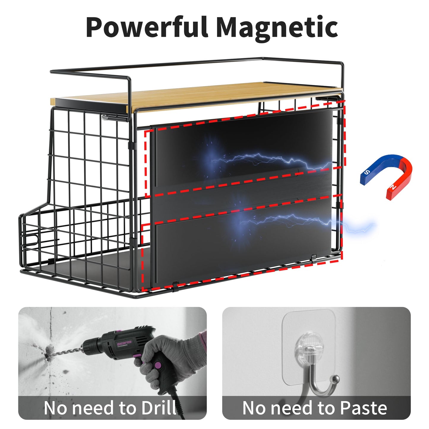 TIDIIABODE Magnetic Shelf for Fridge, Large Container Magnetic Spice Rack for Refrigerator, Fruit Potato and Onion Storage Bins, Magnetic Basket with Wood Lid, Kitchen Counter, Cabinet
