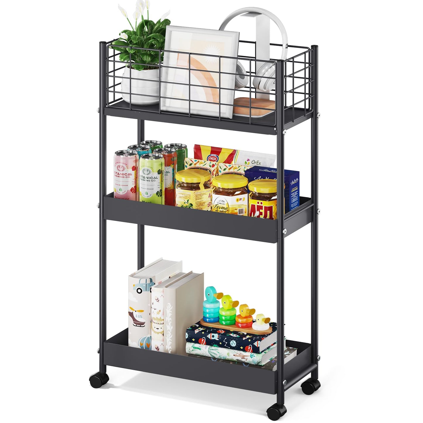 KINGRACK 3-Tier Metal Rolling Cart, Slim Storage Cart, Mobile Shelving Unit Trolley with Wheels, Bathroom Tier,Bathroom Organizer Utility for Laundry Room, Office, Narrow Place, Black