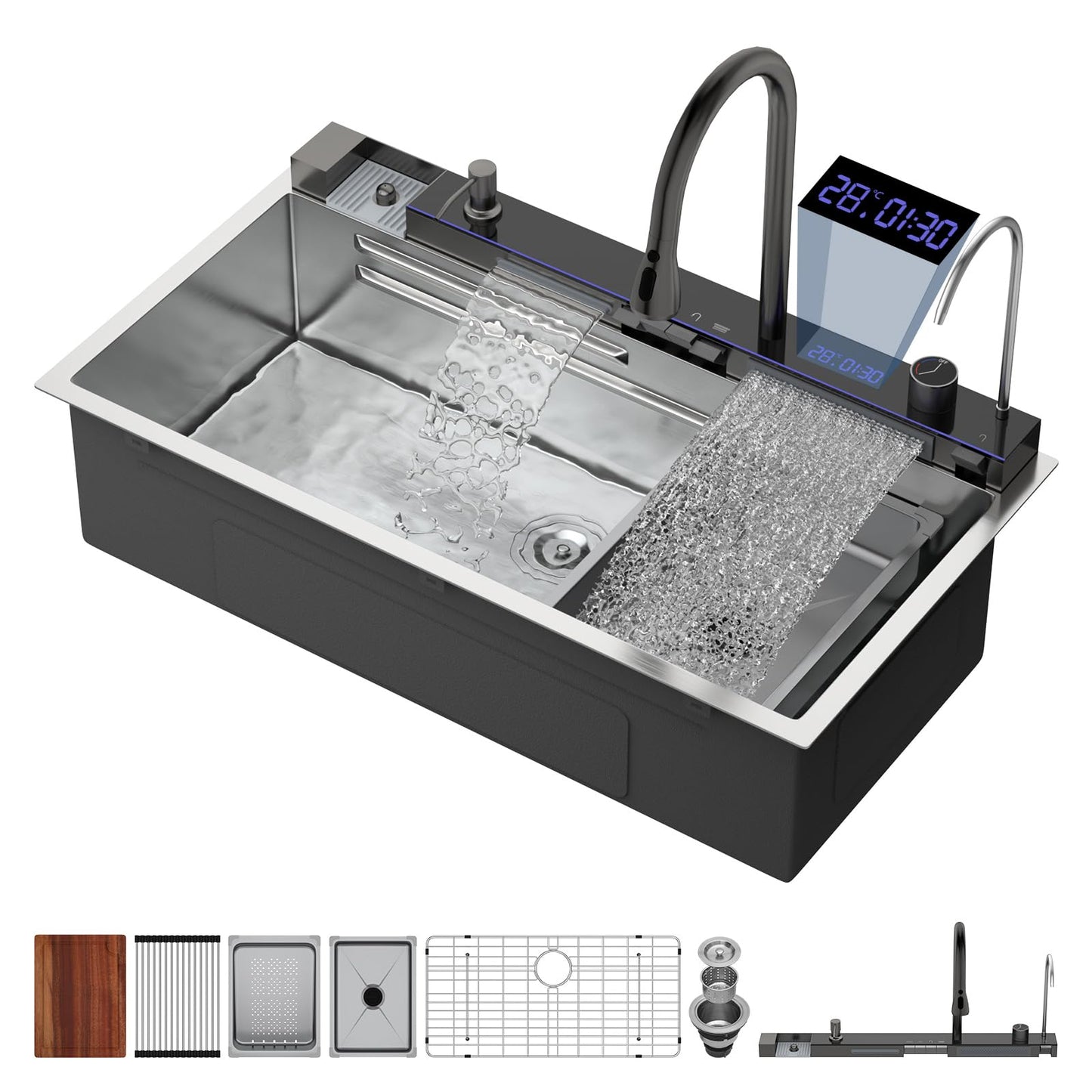 Logmey 36" Smart Dual Waterfall Sink with Digital Display,Water Purifier,Nano PVD Drop in Kitchen Sink with Faucet,16 Gauge Stainless Steel Sinks with Temperature Control Knob,5 Buttons,36x19x9