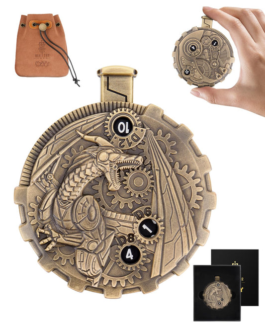 MinZerTRPG Roulette Dice 3.0 – Steampunk Dragon Spinner Dice for DND | 7-in-1 Metal Tabletop RPG Dice Set with Pouch | EDC Gadget Gift for Dice Goblins, DM & Fantasy Engineers (Steampunk Dragon A)
