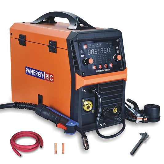 Mig Welder 200A Synergic Wire Feed Welder Portable Welding Machine, 4 in 1 Gas MIG/Flux Core MIG/Stick/Lift TIG Multi-Process Welder, 110V/220V Dual Voltage with IGBT Inverter & LCD Screen Display