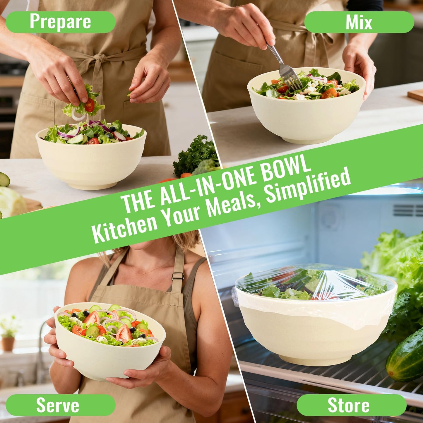 Perlapoc Large Wheat Straw Bowls Set of 6, 60 OZ Unbreakable Serving Bowls, Microwave Safe & Dishwasher Safe, Perfect for Salad, Fruit, Cereal, Soup, Ramen, Family Meals, Beige