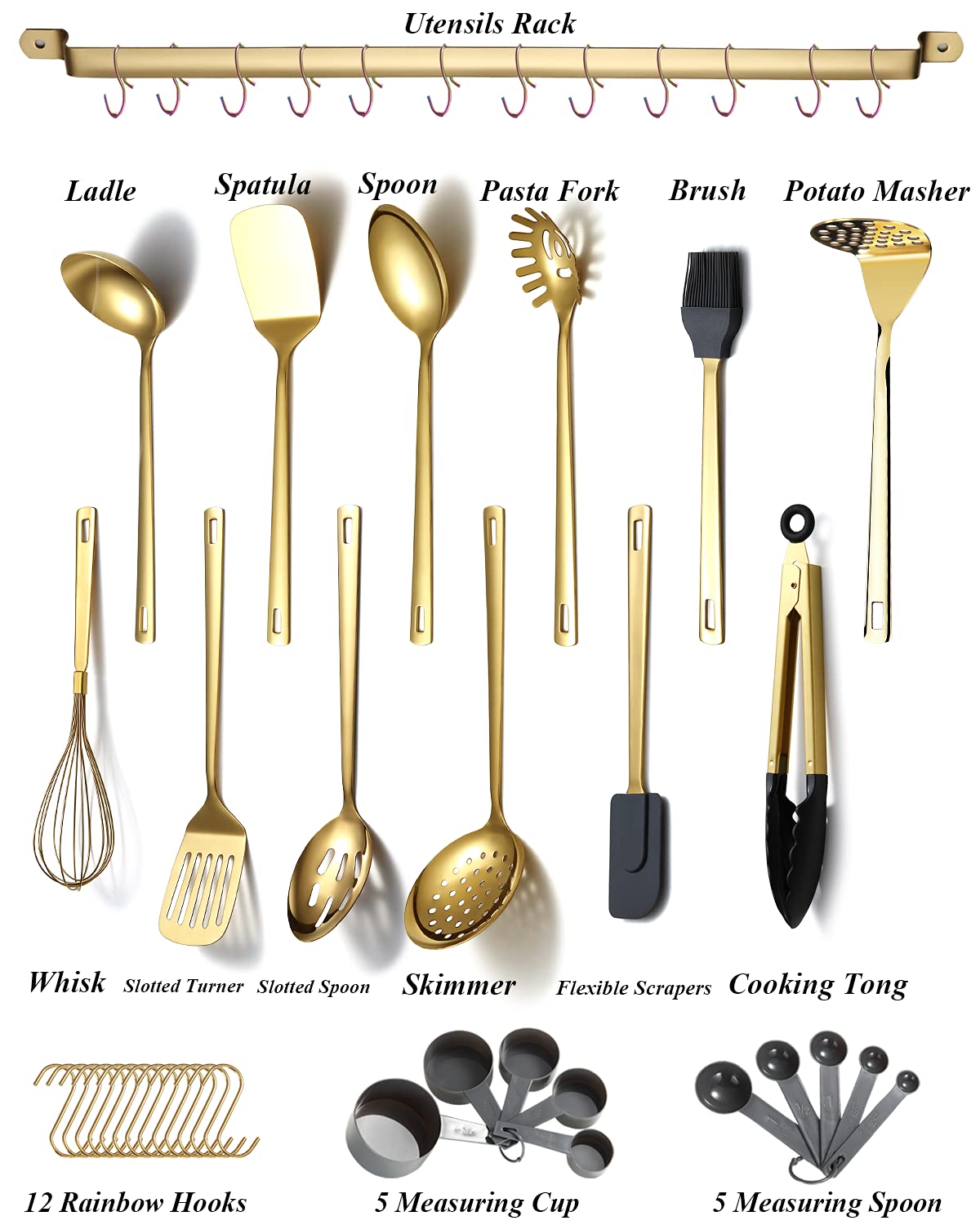 Gold Cooking Utensils Set, Kyraton Stainless Steel 37 Pieces Kitchen Utensils Set with Titanium Gold Plating, Kitchen Gadgets Tool Set with Utensils Racks Heat Resistant Dishwasher Safe