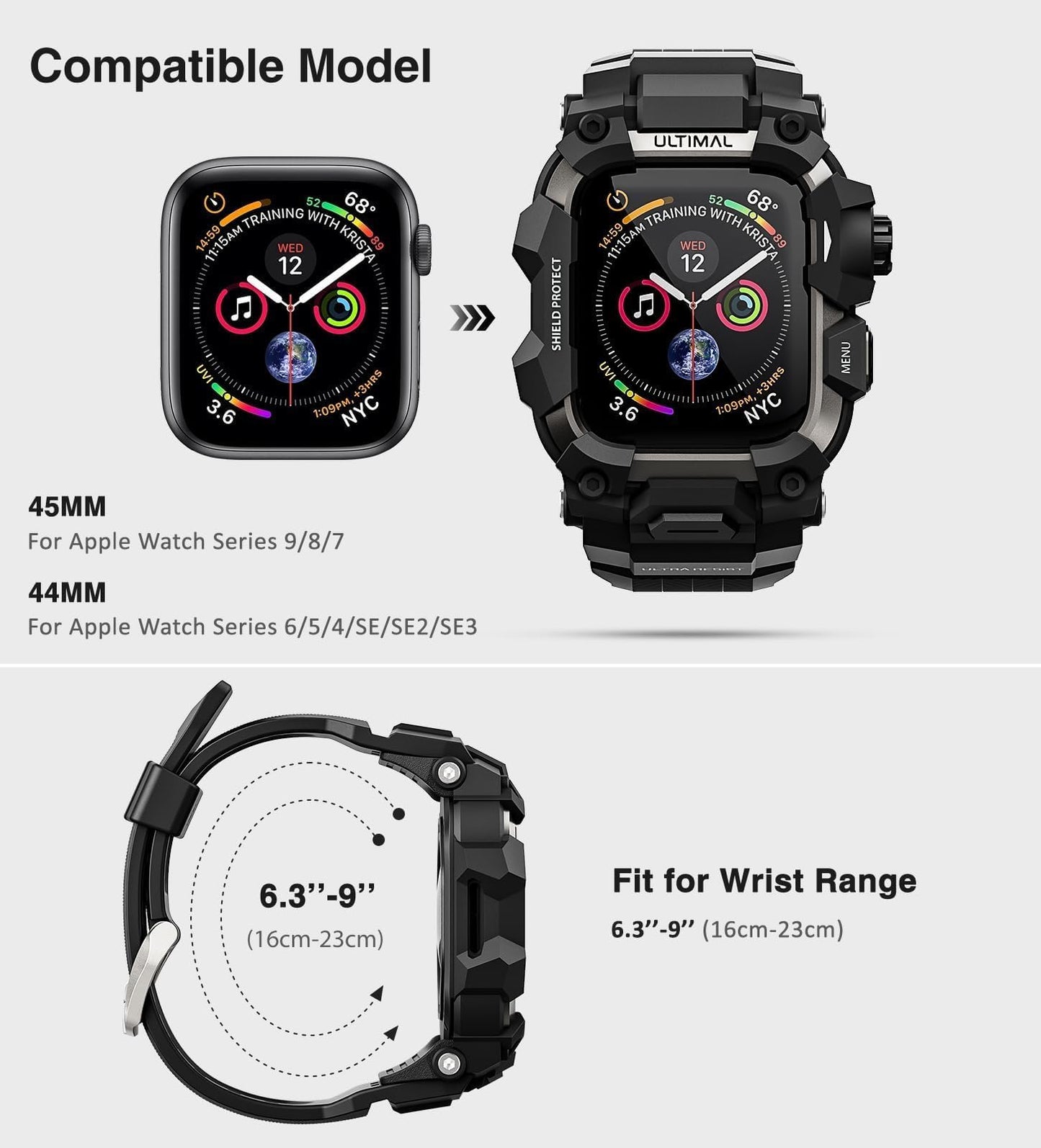 ULTIMAL Rugged Case with Band for Apple Watch 44mm,Compatible with Apple Watch Series SE 3/SE 2/SE Generation/6/5/4, Military Grade Shockproof Bumper Cover for iWatch Tactical Band Men (Black, 44mm)