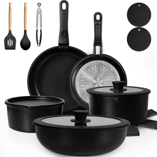 KIKCOIN 20 Pcs Pots and Pans Set Non Stick, Detachable Handle Cookware Sets Nonstick, Non Toxic Induction RV Kitchen Cooking Set with Removable Handles, Dishwasher/Oven Safe, Easy Clean (Black)