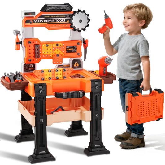REXBETI Kids Tool Bench with Realistic Electric Drill and Tool Box, Pretend Play Kids Workbench Construction Kits, Toddler Tool Set, Birthday Gifts for Ages 3-8 Years Old