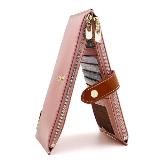 ANDOILT Women's Genuine Leather Wallet RFID Blocking Credit Card Holder Zipper Purse Cell Phone Handbag Pink