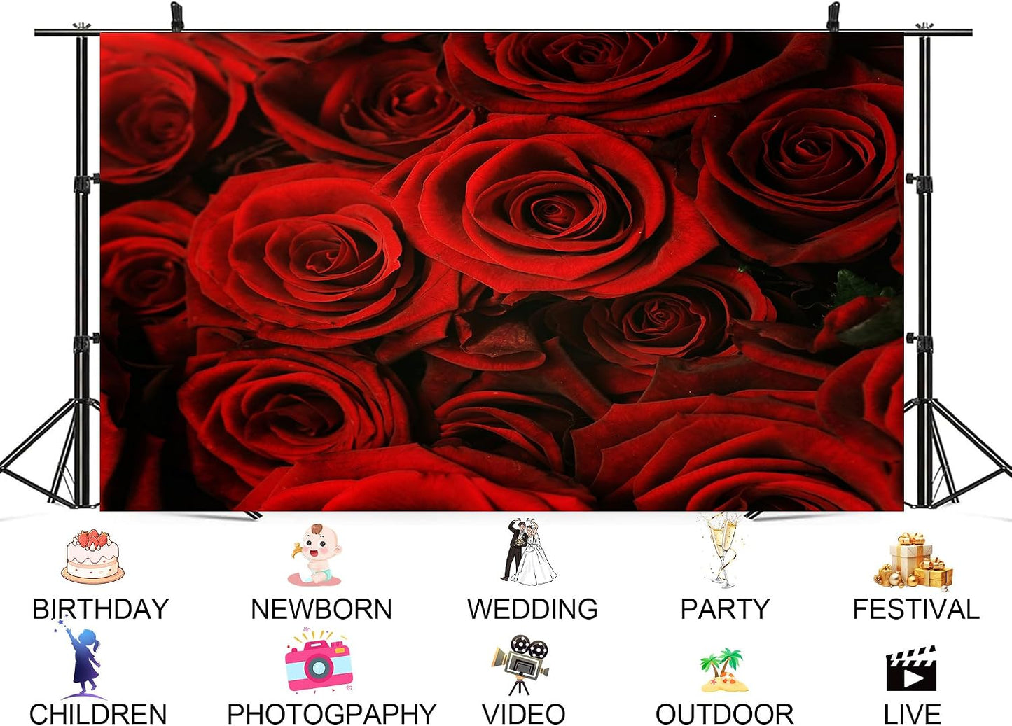 UPXIO 8x8ft Luxury Red Rose Bouquet Backdrop Dense Floral Blooms Photo Background Tapestry for Wedding Anniversary