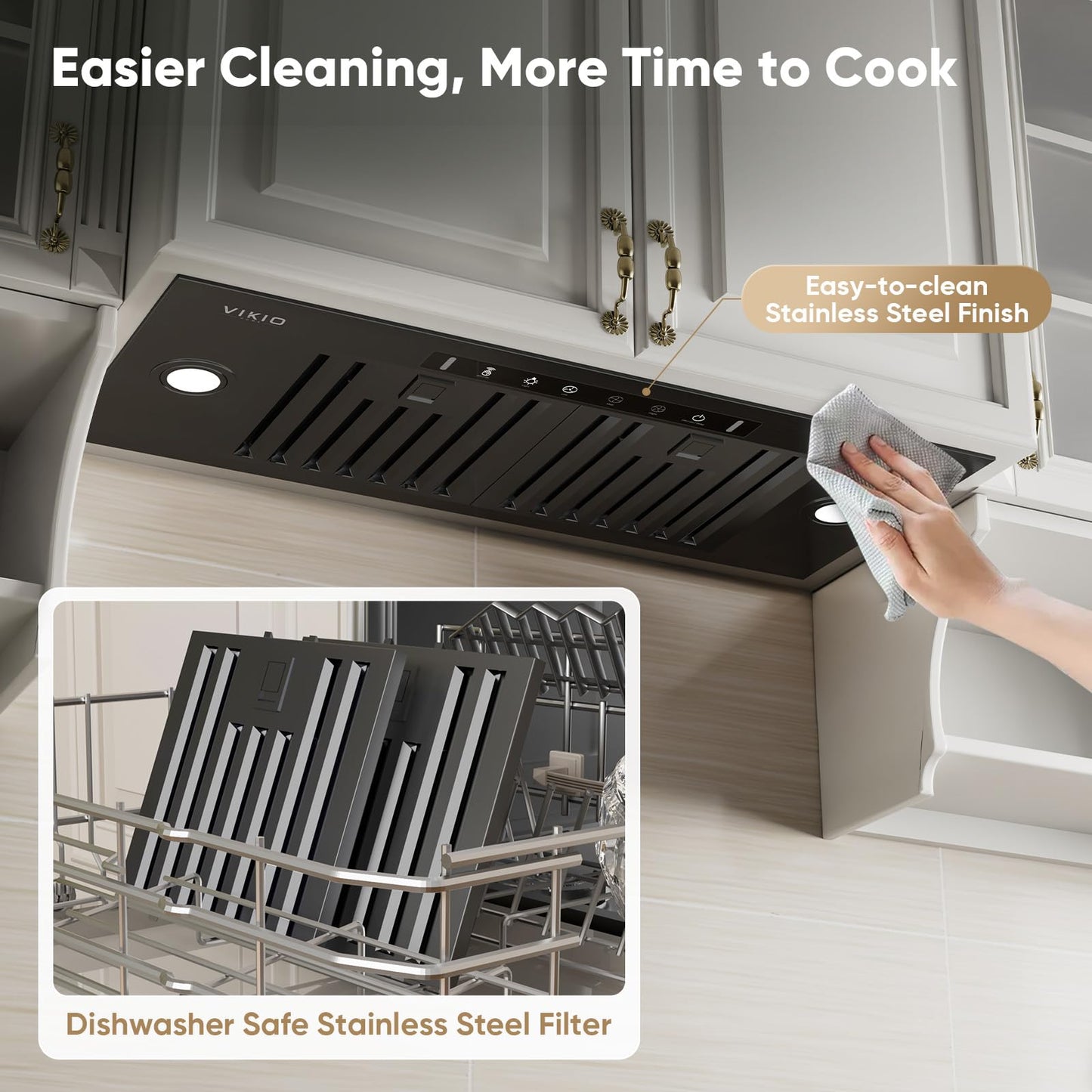 VIKIO HOME Black Built-in/Insert Range Hood 36 Inch, 980 CFM Hood Vent for Kitchen, Ducted/Ductless Convertible Duct, Stainless Steel Kitchen Vent Hood with Gesture & Touch Control, 3 Baffle Filters