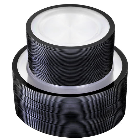 U-QE 120pcs Black Plates Disposable for Party - Clear and Black Plates Disposable Heavy Duty - Fancy Disposable Plates Include 60 10" Dinner and 60 7" Dessert Plate, Perfect for Party & Wedding