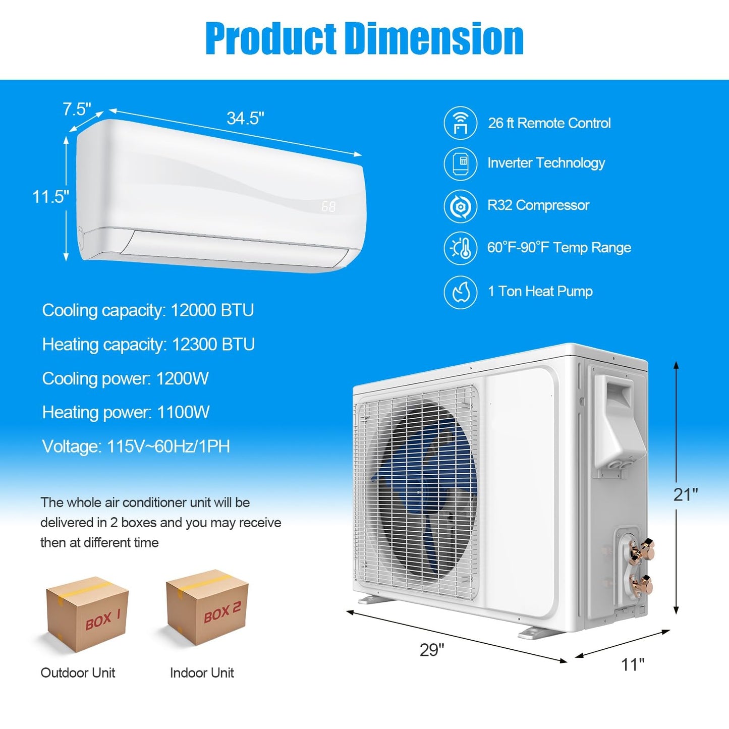 GLACER 12000BTU Mini-Split Air Conditioner, 20 SEER2 Mini AC Unit W/Pre-Charged Condenser, Heat Pump & Installation Kit, Cools up to 750 Sq. Ft, Ductless Inverter AC Split-System, 115V, White