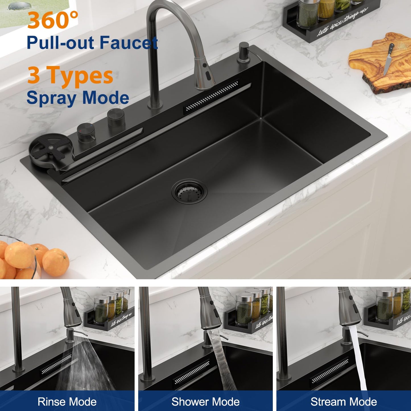 Sarlai Waterfall Kitchen Sink 30 Inch Black Drop In Kitchen Sink Topmount 16 Gauge Stainless Steel 30x22 Inch Single Bowl Multifuction Workstation Top Mount Sinks with Double Knob