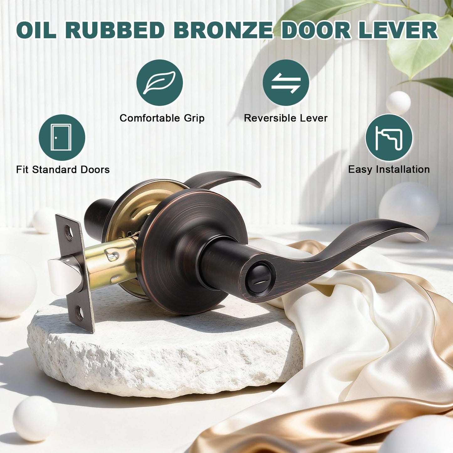 GOBEKOR 4 Pack Privacy Door Levers - Oil Rubbed Bronze Keyless Handles for Bedroom and Bathroom - Bronze Wave Interior Handle With Lock