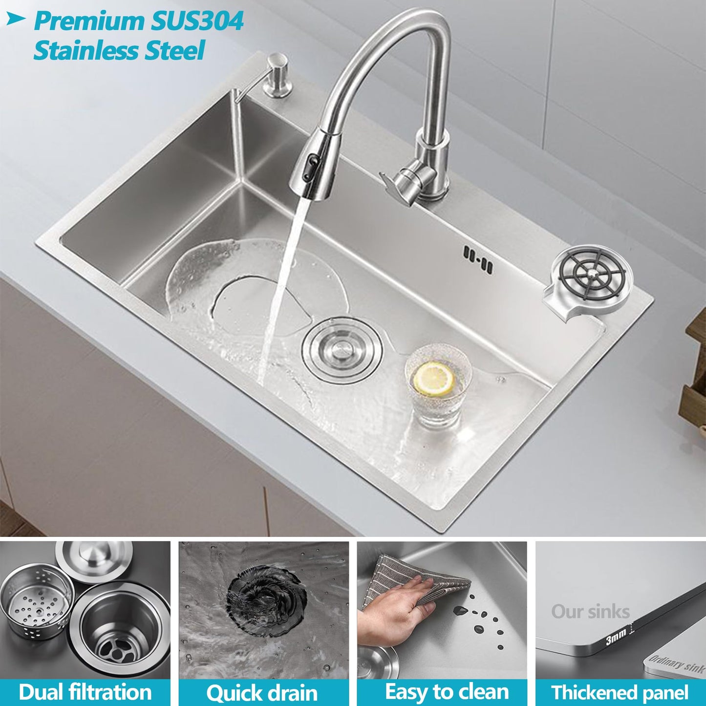 YINXSLO Stainless Steel Kitchen Sink with Faucet, Single Bowl Top Mount/Drop-In 3 Hole Single Bowl Workstation Sink with Cup Washer, Soap Dispenser, Drainage kit for Bar, Kitchen, Balcony (20 * 18in)