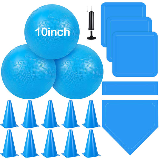 Jenaai 20 Pcs Sports Kickball Set, 3 10'' Playground Ball, 5 Rubber Throw Down Bases, Ball Pump, Net Bag, 10 Foul Line Cones, Kickball All in One Kit for Kids Adults Playground Backyard Game(Blue)
